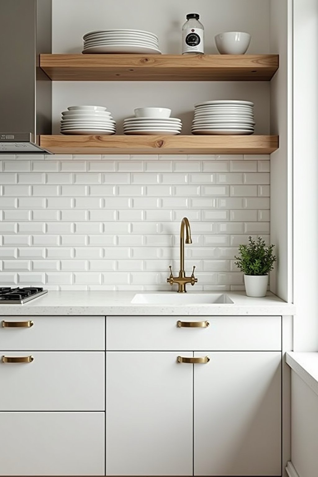 A modern kitchen with white subway peel-and-stick tile backsplash running from countertop to ceiling