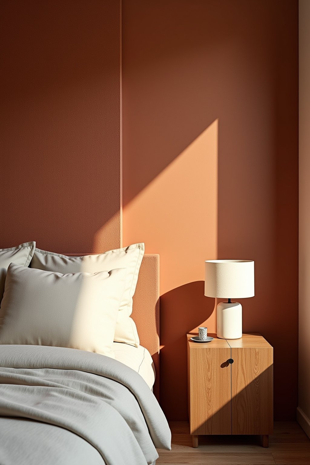 A bedroom with a roman clay textured accent wall in warm muted terracotta behind the bed