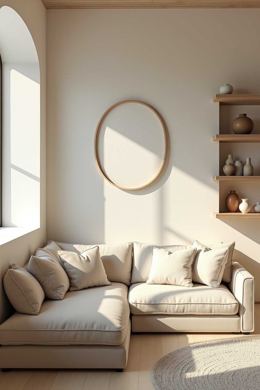 A bright living room with a limewash accent wall in warm creamy white behind a linen sofa