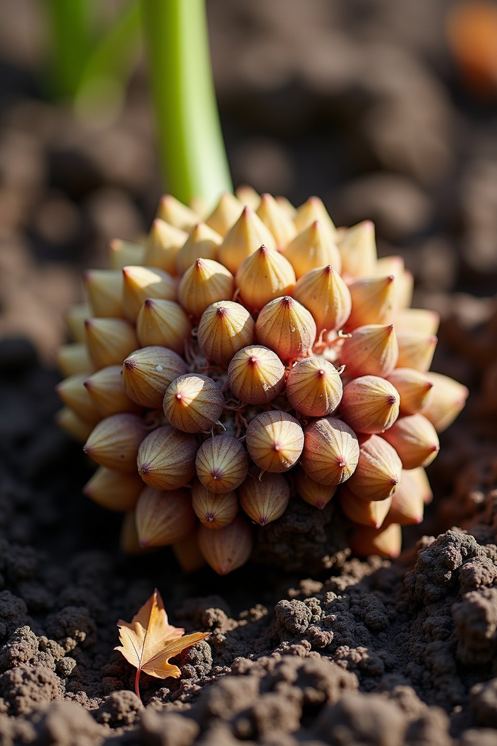 Close-up a dahlia tuber clump freshly dug from the ground showing multiple new daughter tubers attached to the crown, visible pink eyes on the crown ready to grow, rich dark soil background, autumn...