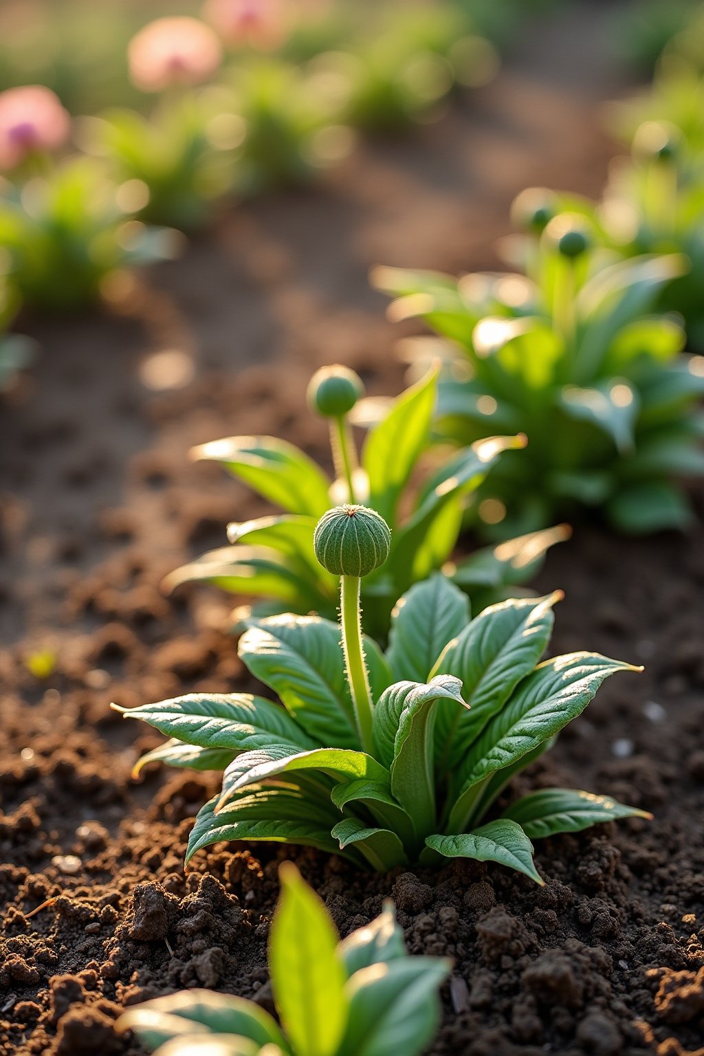 A garden scene showing dahlia plants emerging in spring from mulched ground, fresh green shoots pushing through straw mulch, a row of established dahlia plants in various stages of growth, early mo...