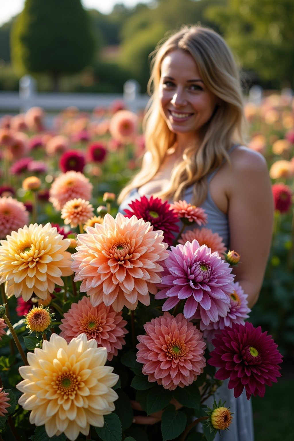 A magnificent dahlia garden in full bloom showing the abundance of different dahlia varieties growing together, dinner plate dahlias in peach and burgundy, ball dahlias in purple, pompom dahlias in...
