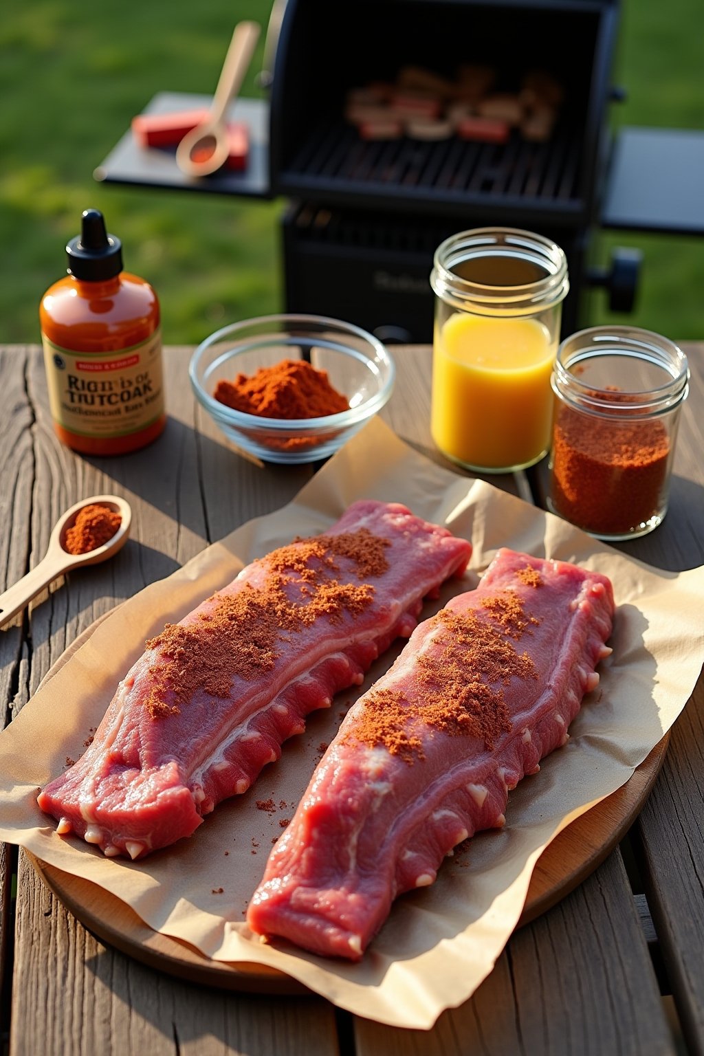 Overhead flat lay on a rustic outdoor wooden table: two raw racks of baby back ribs on butcher paper, a small glass bowl filled with brick-red dry rub mix, bottle of yellow mustard, hickory wood ch...