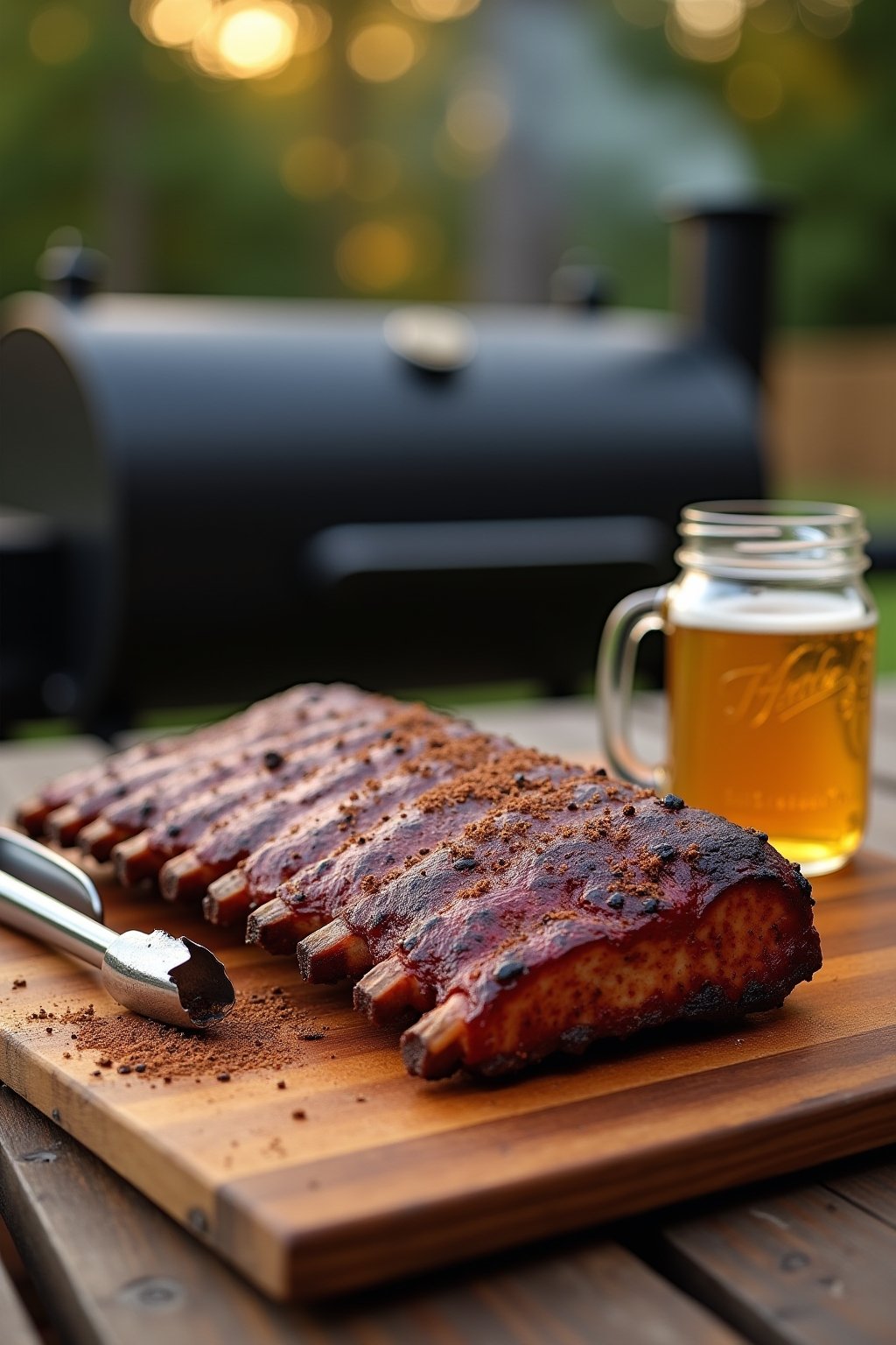 A rack of dry-rubbed memphis style baby back ribs on a wooden cutting board on an outdoor picnic table, deep reddish-brown bark with visible spice rub crust, perfectly smoked pork, a sprinkle of ex...