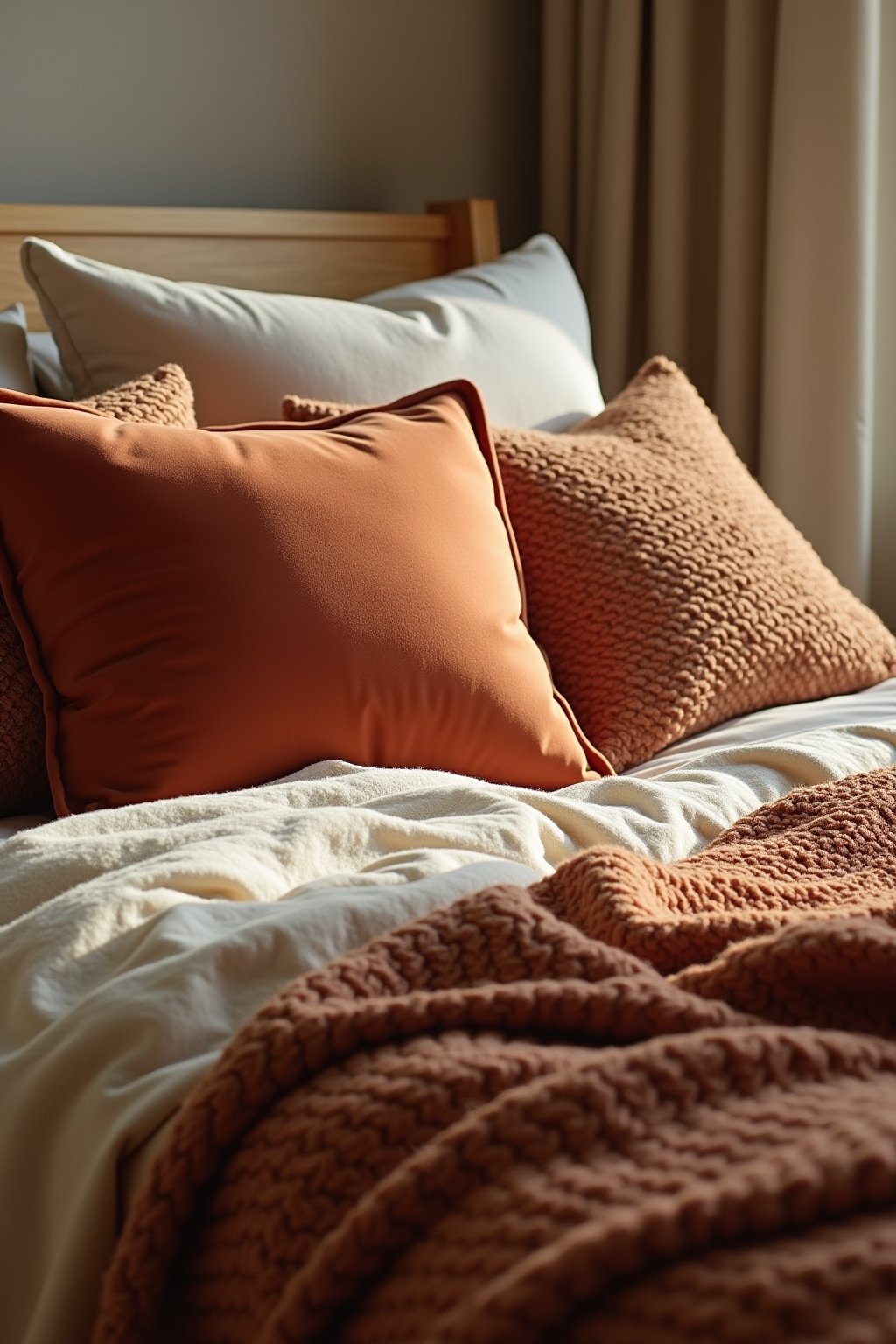 Close-up of layered earth tone bedding showing rust velvet pillow next to cream linen pillow and warm brown knit throw
