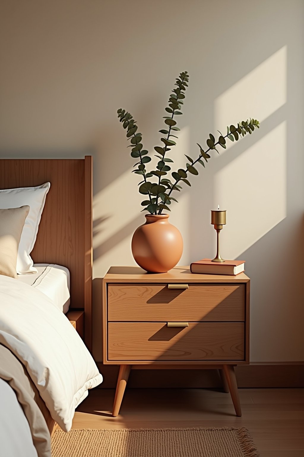 A minimalist earth tone bedroom nightstand scene with a warm wood nightstand holding a terracotta ceramic vase with dried eucalyptus