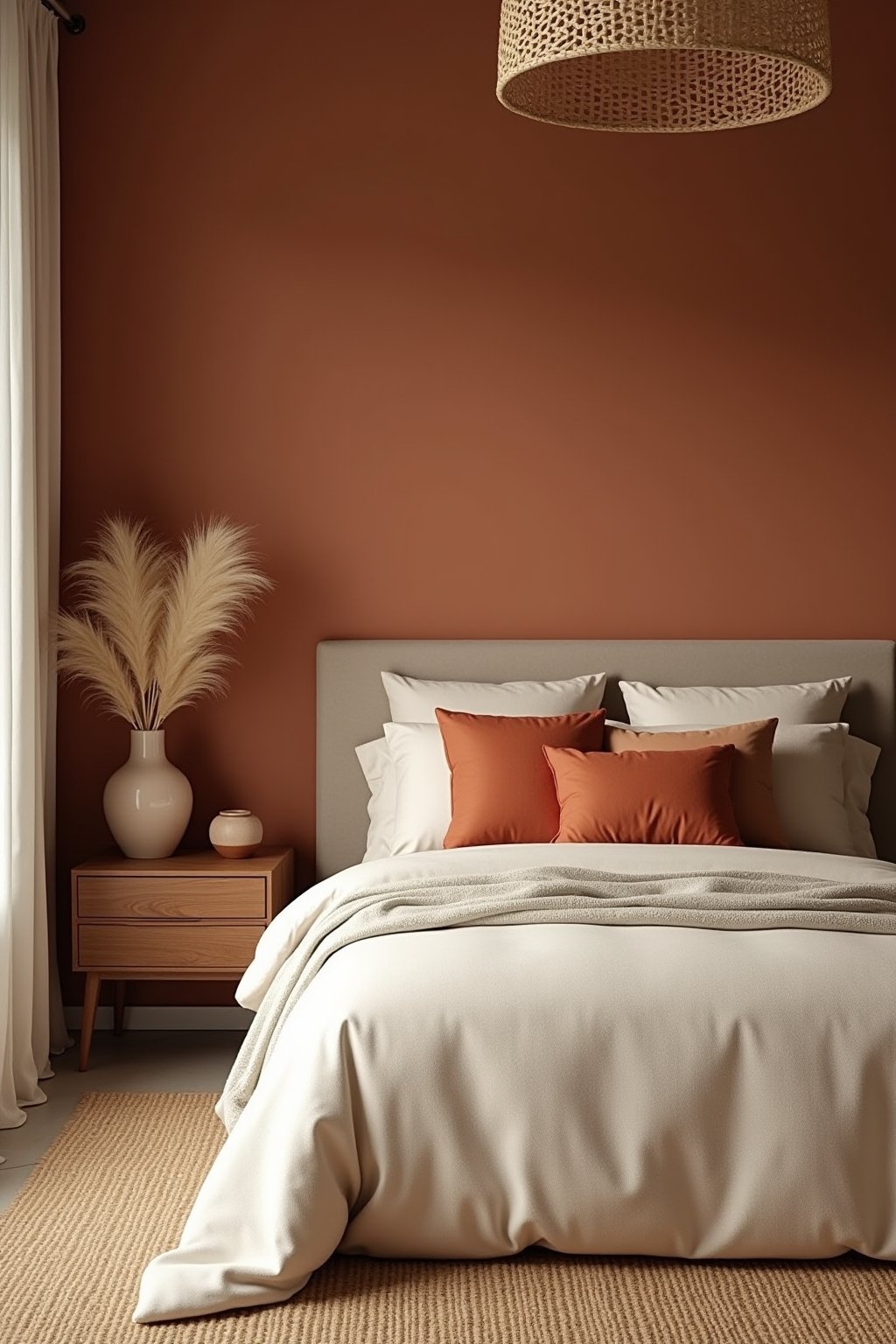 A warm earth tone bedroom with terracotta accent wall behind the bed