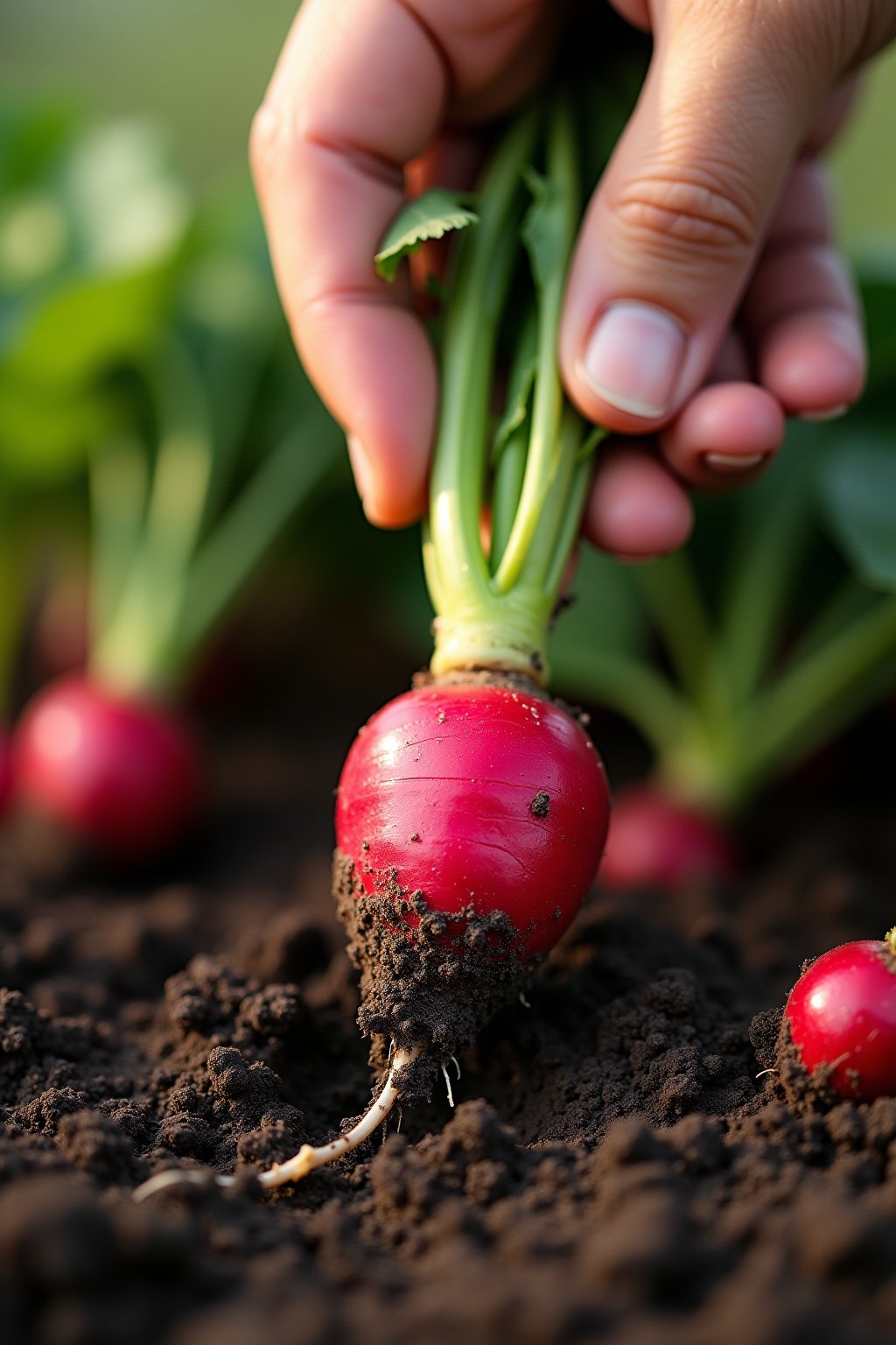 Close-up hands pulling a fresh radish from dark garden soil, the bright red radish emerging with soil on its roots, green radish tops visible, other radishes poking through the soil surface ready t...