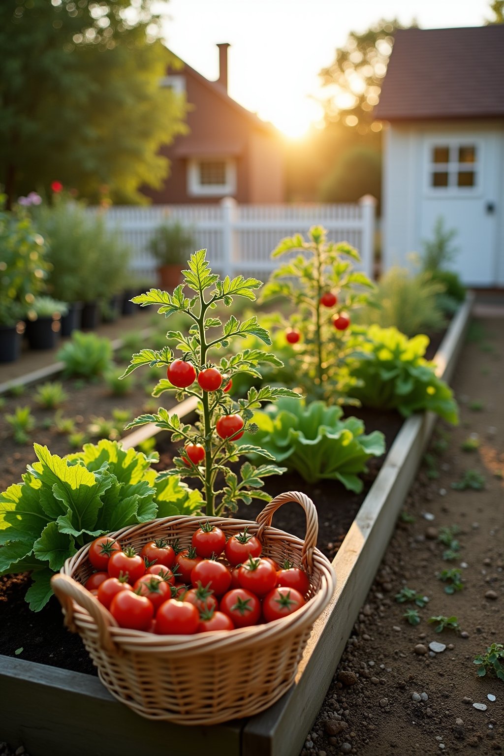 A productive small garden at golden hour showing a simple raised bed with cherry tomato plants loaded with ripe fruit, lettuce rows, bean plants, and herb pots around the edges, a harvesting basket...