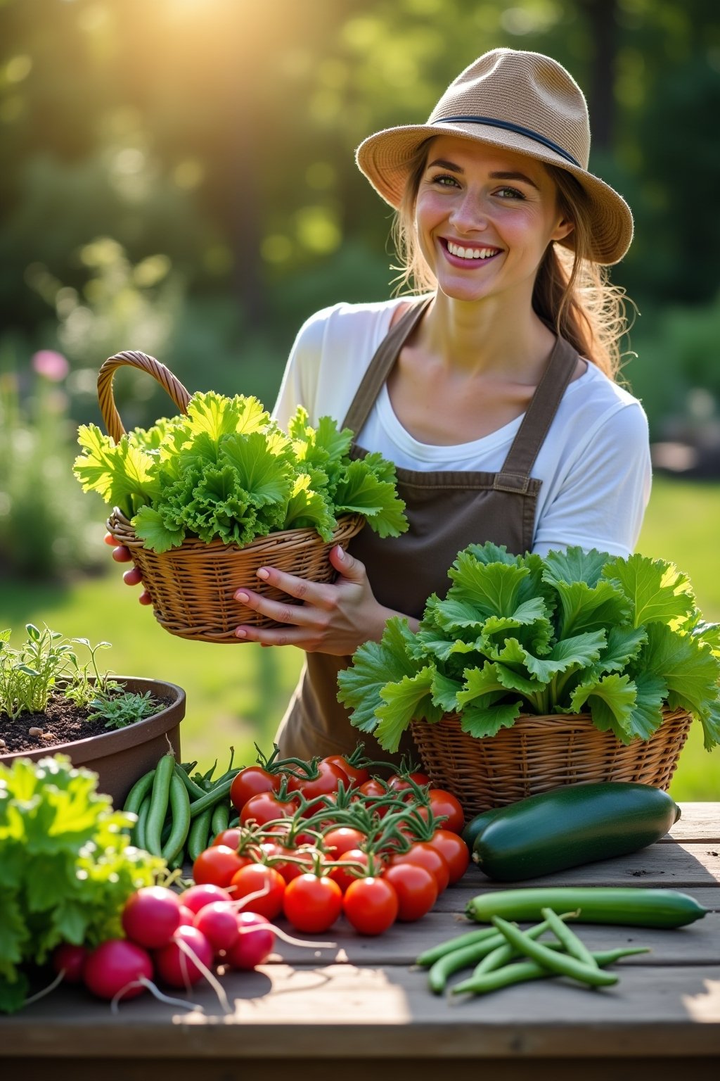 A colorful harvest display of easy-to-grow vegetables arranged on a rustic wooden table in a garden setting, radishes, lettuce, cherry tomatoes, bush beans, zucchini, peas in pods, fresh herbs, a c...