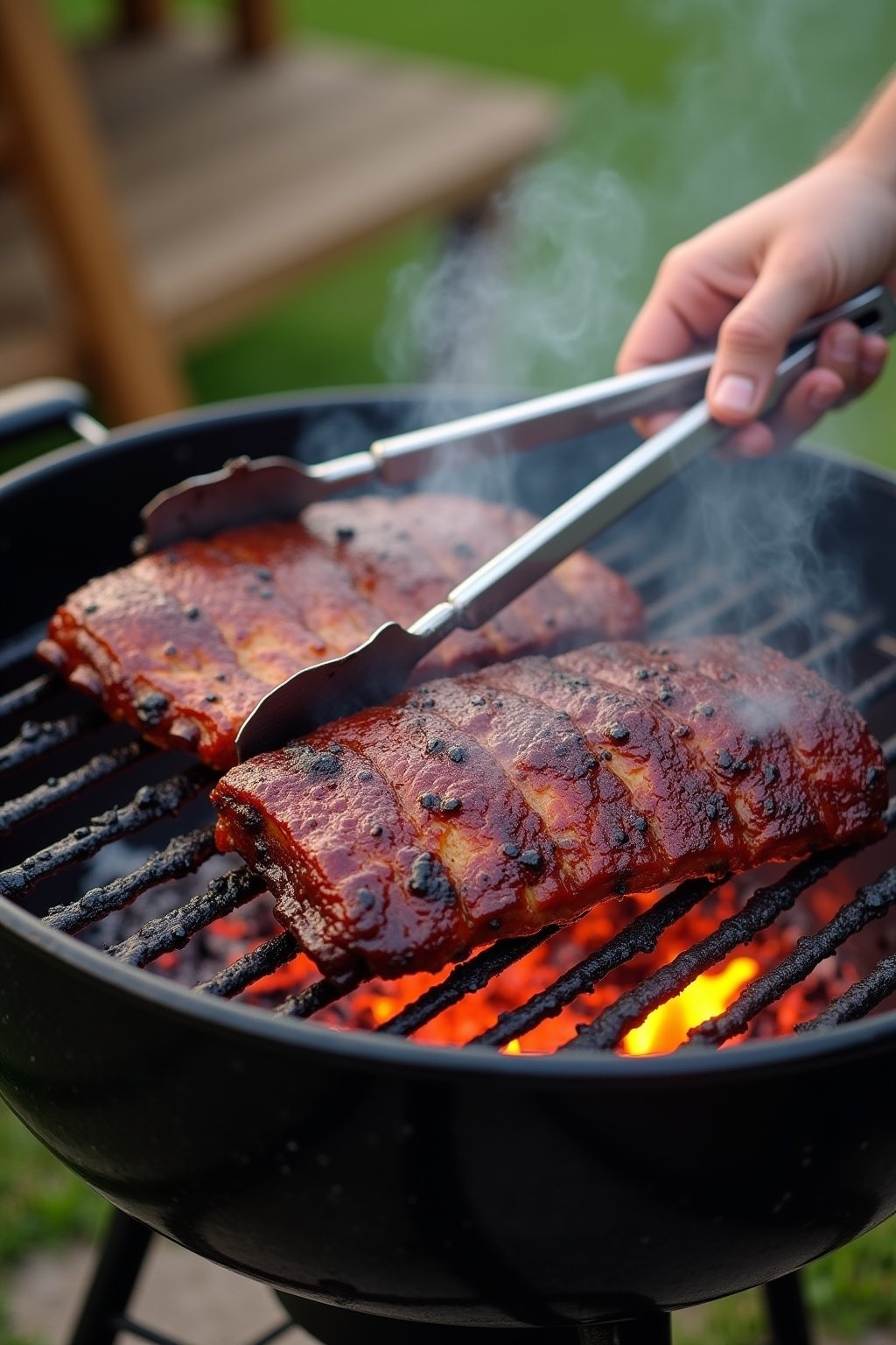 Close-up view of pork spareribs cooking on hot grill grates, orange embers and smoke visible between the grates, the ribs a deep burnished red-brown with rub crust forming, tongs reaching in, on a ...