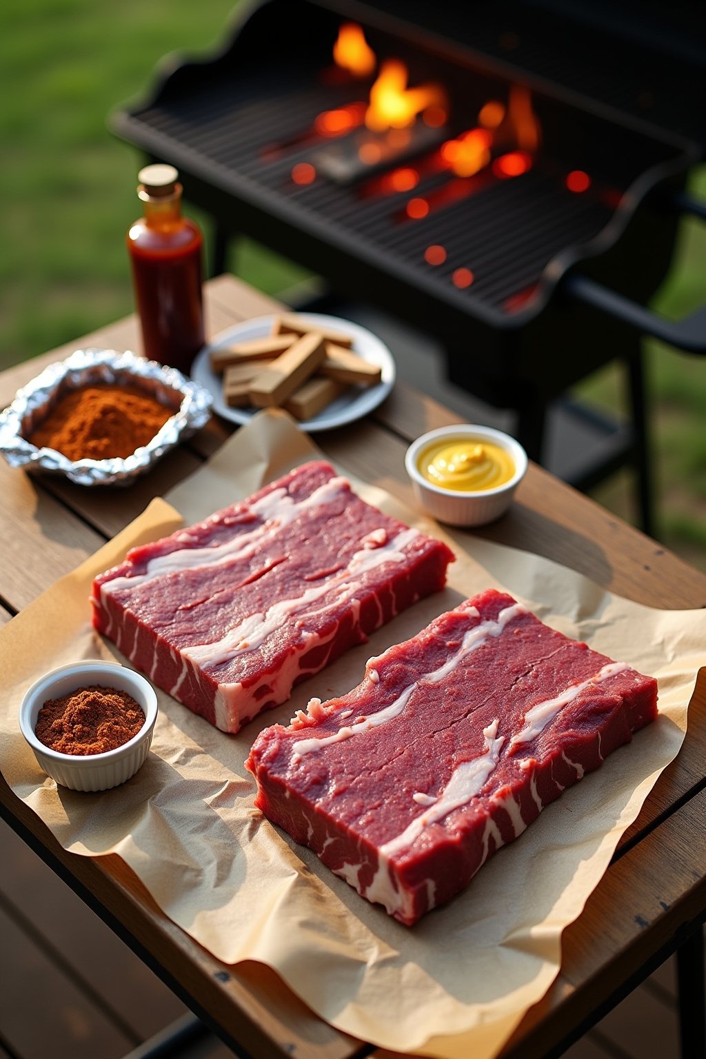 Overhead flat lay of rib prep ingredients on a rustic outdoor wooden table: two raw racks of spareribs on butcher paper, a small bowl of brown-red dry rub, yellow mustard in a ramekin, a bottle of ...