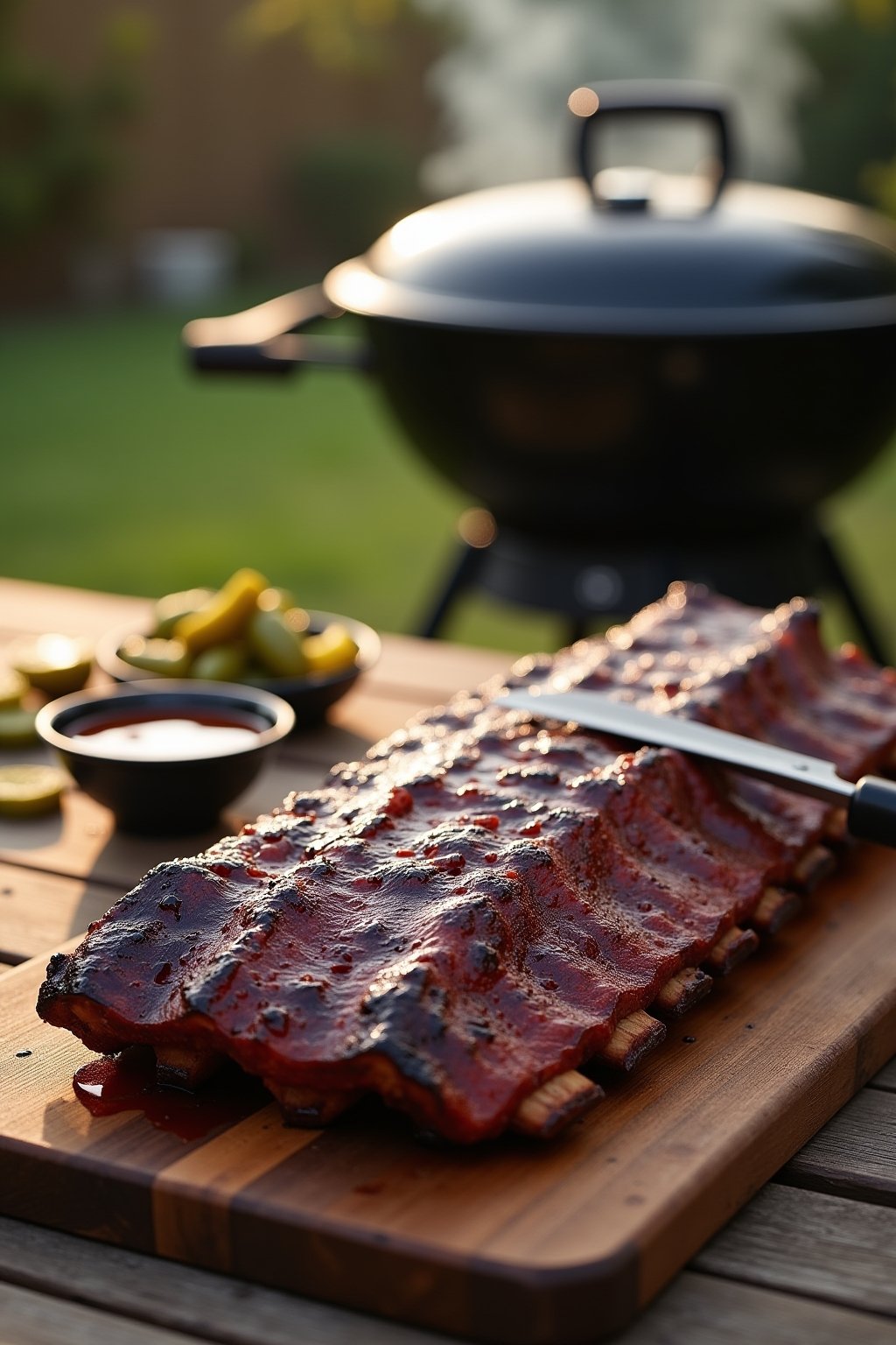 A rack of glistening dark mahogany bbq spareribs resting on a wooden cutting board on an outdoor patio table, deeply caramelized sticky glaze, visible smoke ring in the meat, a sharp knife mid-slic...