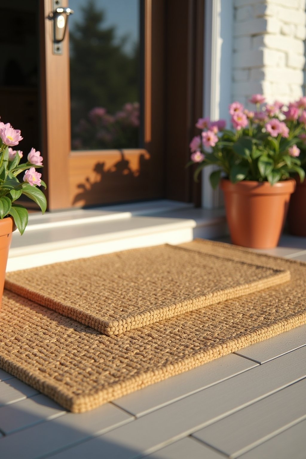 Close-up of a layered doormat setup on a front porch