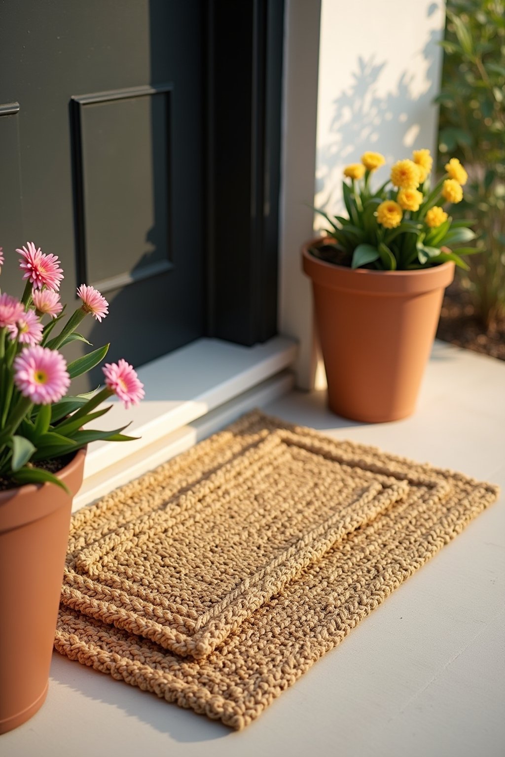 Close-up of a layered doormat setup on a front porch