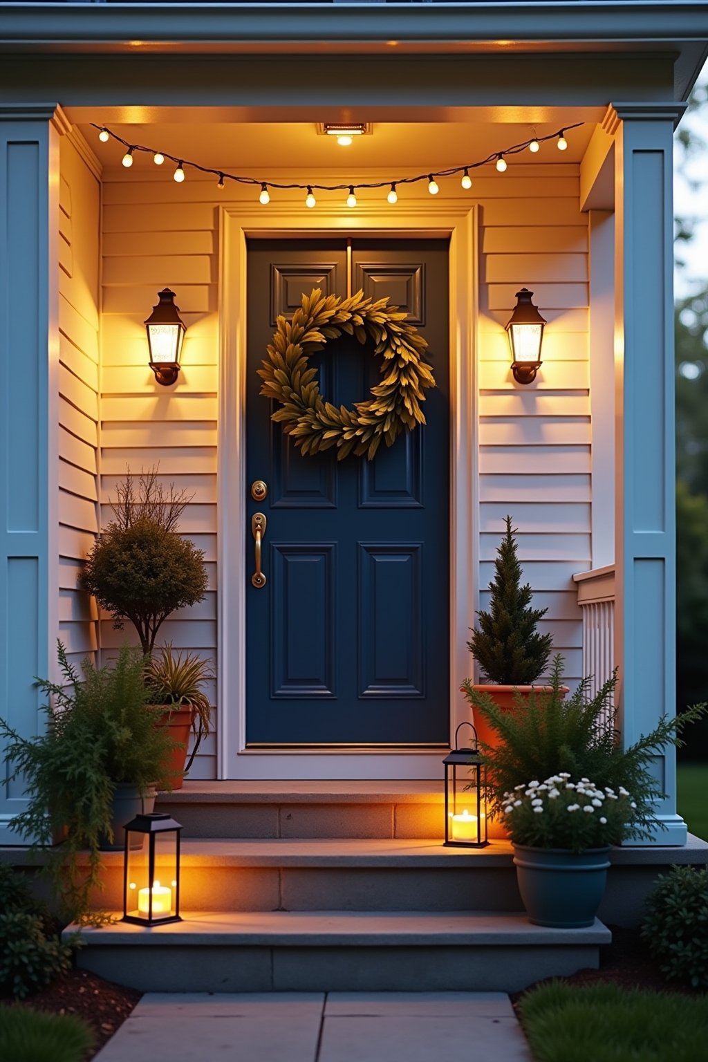A front porch at golden hour with solar lanterns glowing on the steps