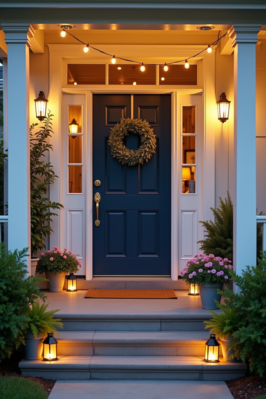 A front porch at golden hour with solar lanterns glowing on the steps
