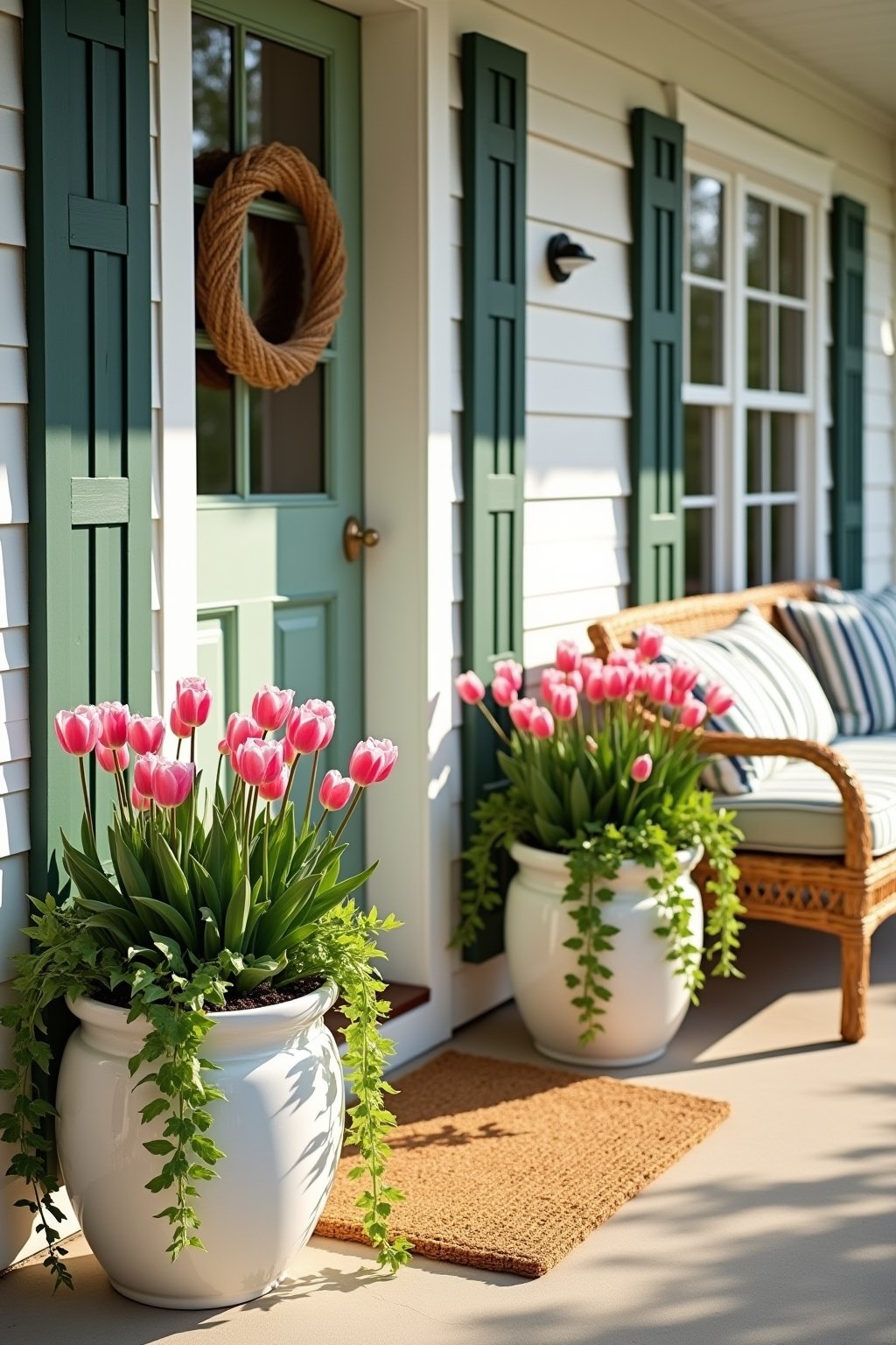 A beautifully styled front porch in spring with layered doormat