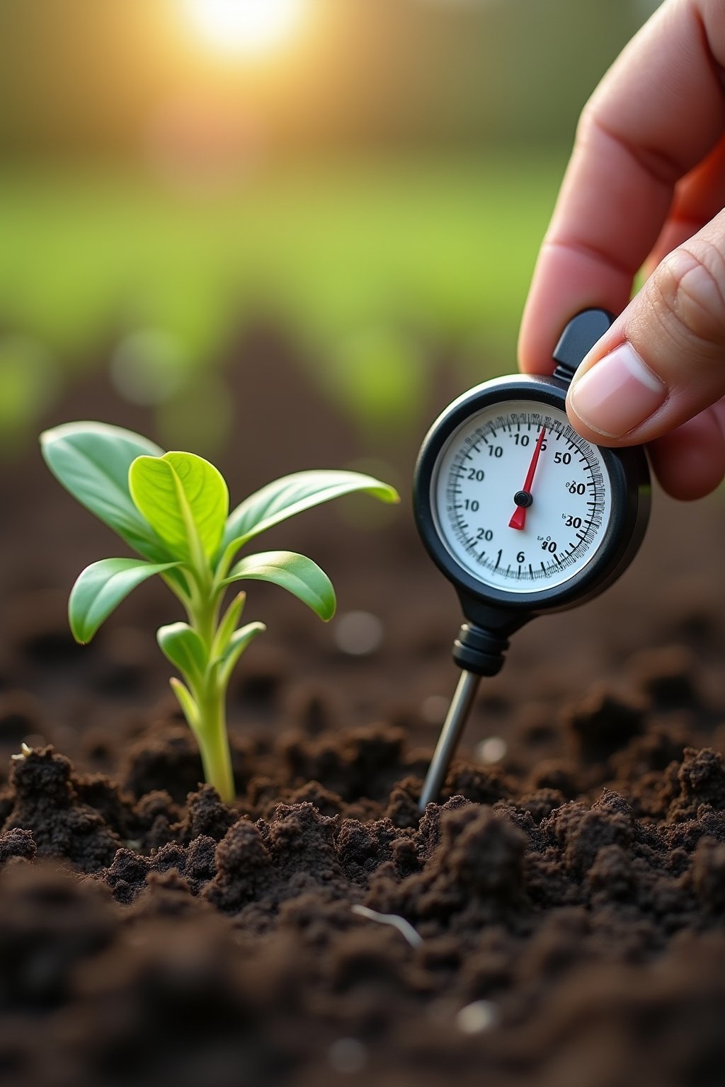 Close-up a person checking soil temperature with a soil thermometer in a spring garden bed, the probe inserted 4 inches into dark rich soil, one hand holding the thermometer and reading the dial, y...