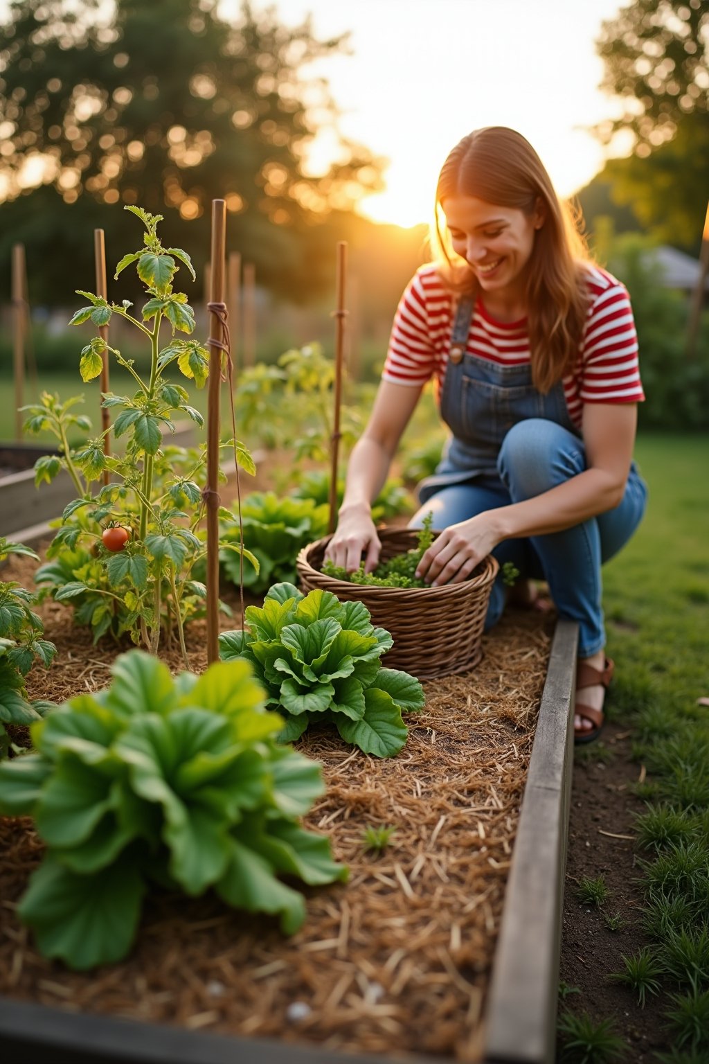 A thriving well-maintained small vegetable garden at golden hour showing the results of doing it right, a neat 4x8 raised bed with straw mulch, healthy tomato plants on stakes, leafy lettuce, and h...