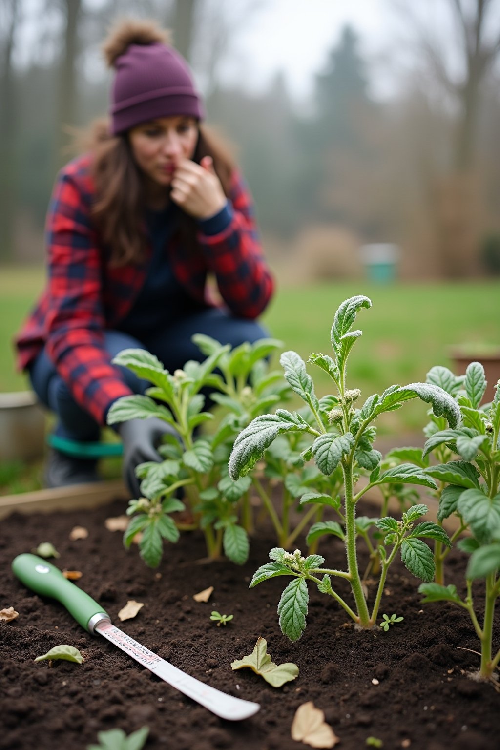 A beginner gardener looking disappointed at wilted tomato seedlings in a spring garden, frost damage visible on the leaves, a soil thermometer stuck in the ground showing cold temperature, garden t...
