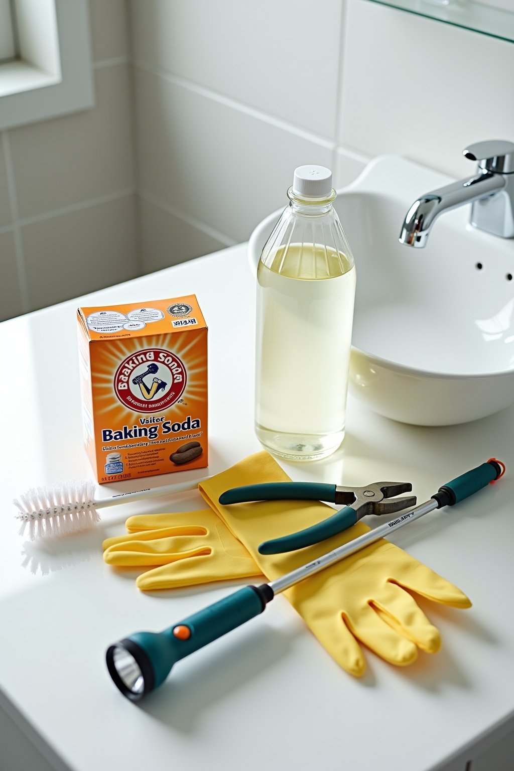 Close-up of drain cleaning supplies arranged neatly on a clean white bathroom vanity