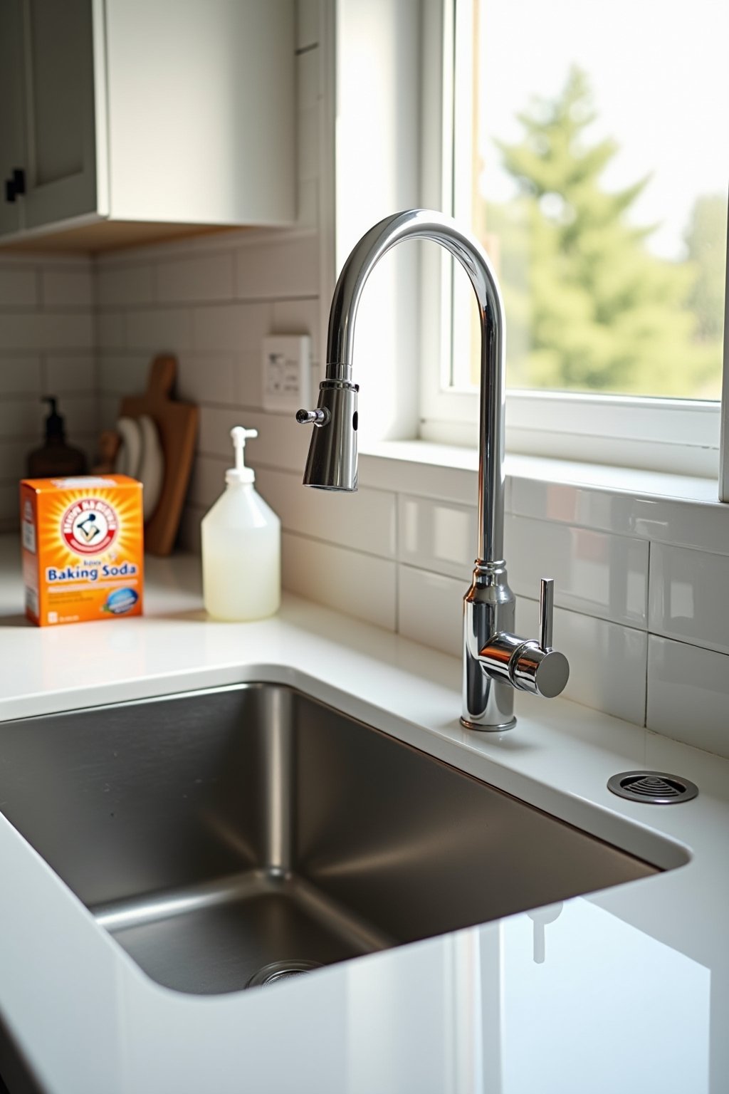 A clean modern kitchen sink area with a shiny stainless steel sink