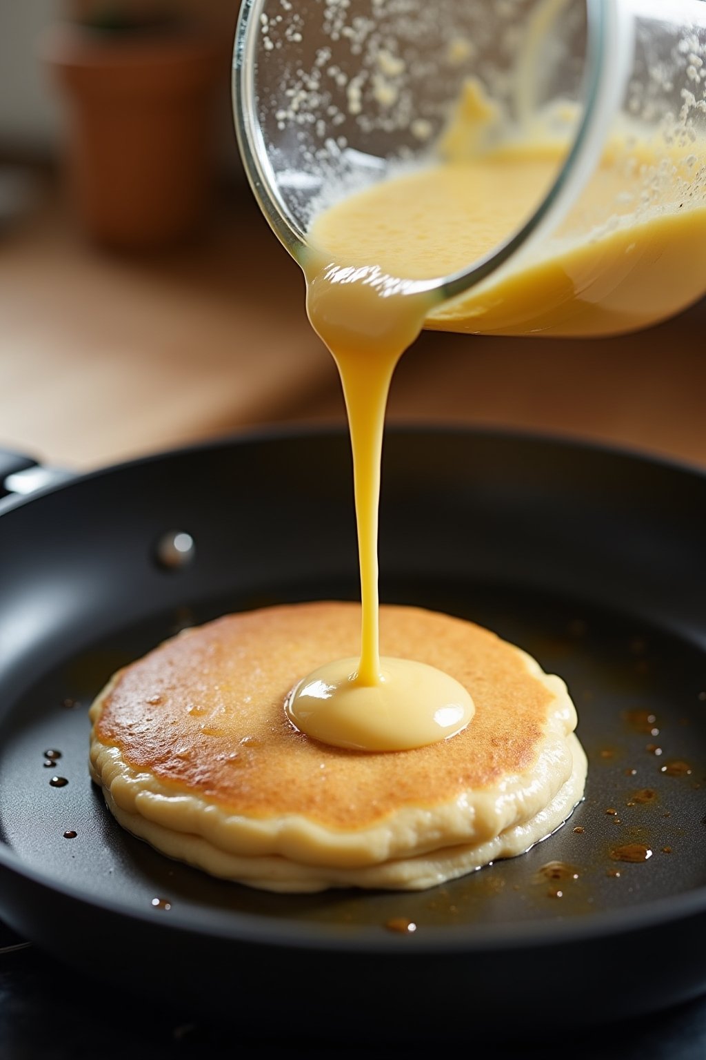 A close-up action shot of banana oat pancake batter being poured from a blender onto a hot buttered non-stick skillet, the golden batter spreading into a perfect circle, one finished golden pancake...
