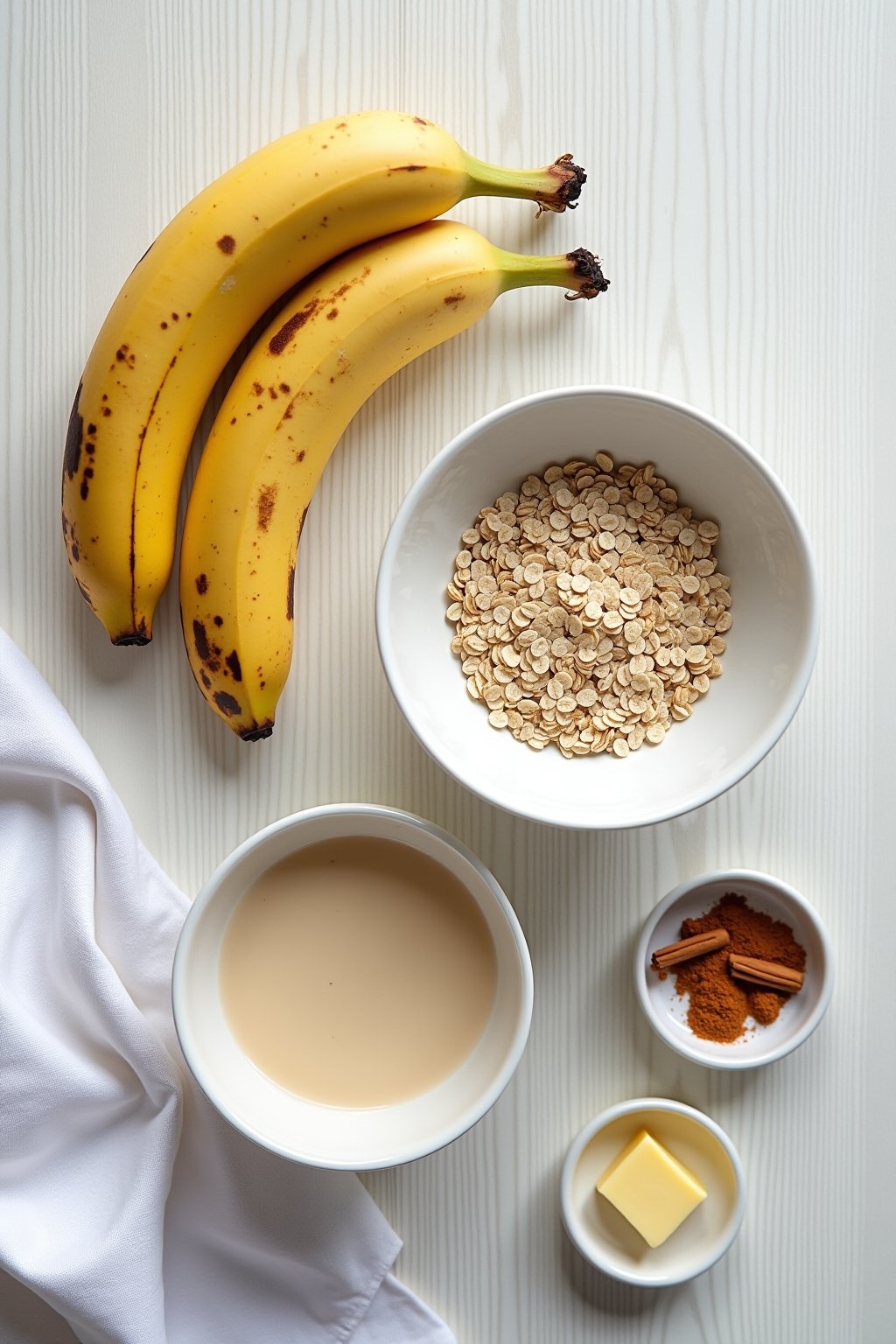 Overhead flat lay of the three simple ingredients for banana oat pancakes: two very ripe spotted bananas, a bowl of rolled oats, and a small bowl of whisked binding mixture, plus optional cinnamon ...