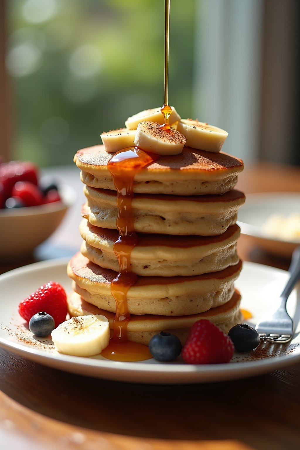 A tall stack of five golden fluffy banana oat pancakes on a white ceramic plate, topped with fresh sliced banana rounds and a drizzle of maple syrup cascading down the sides, a pat of butter meltin...