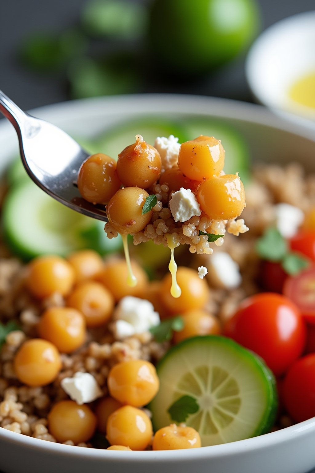 A close-up shot of a fork lifting a bite from a Mediterranean chickpea bowl, showing crispy golden chickpeas, quinoa, cucumber, feta crumbles, and a strand of dressing connecting the fork to the bo...