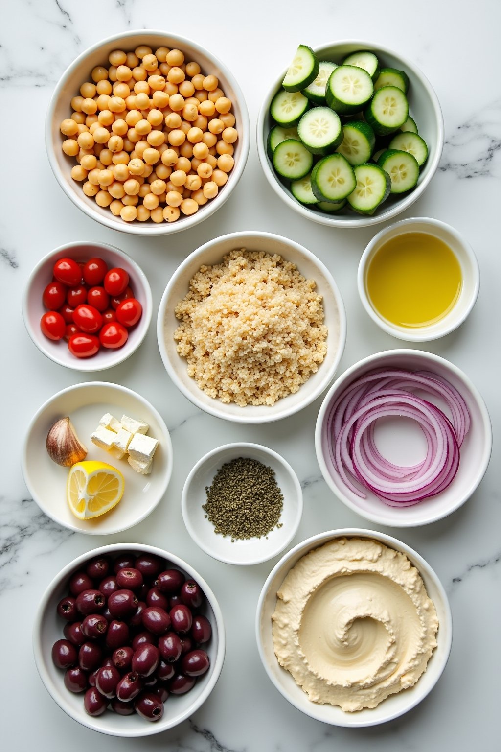 Overhead flat lay of Mediterranean chickpea bowl ingredients arranged in small bowls: a bowl of drained chickpeas, cooked quinoa, diced cucumber, halved cherry tomatoes, kalamata olives, crumbled f...