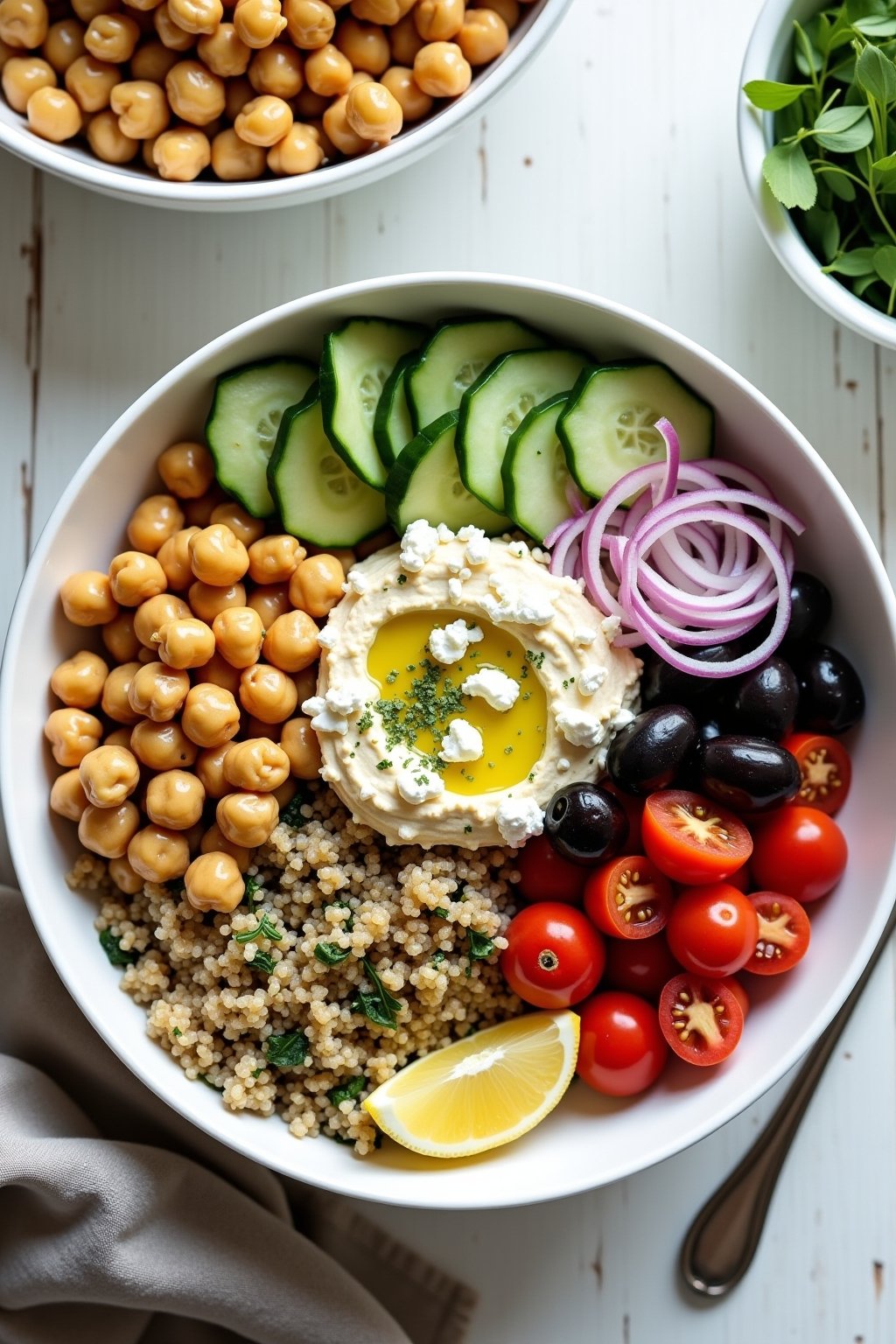 A large white ceramic bowl filled with a beautiful Mediterranean chickpea bowl: a base of fluffy quinoa topped with golden crispy roasted chickpeas, diced cucumber, halved cherry tomatoes, purple k...