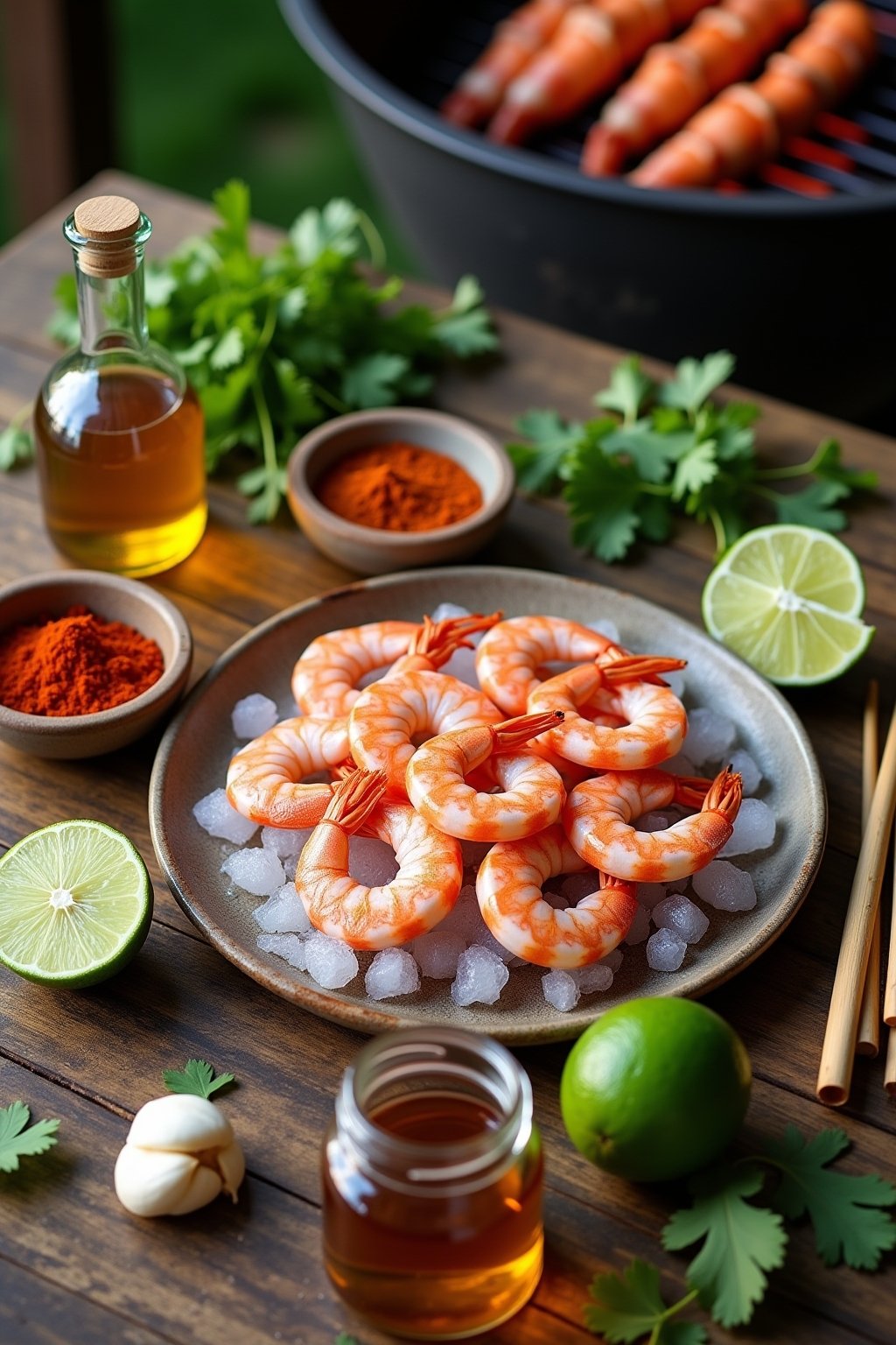 Overhead flat lay on a rustic outdoor wooden table: raw peeled shrimp arranged on ice, cut lime halves, small bowls of red ancho chili powder and smoked paprika, fresh cilantro, garlic cloves, ambe...