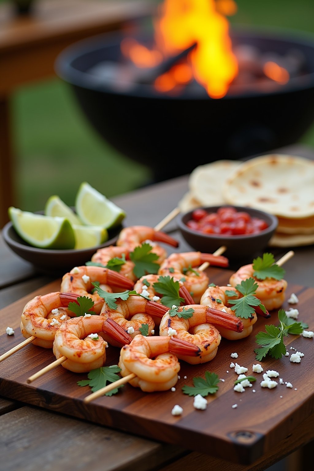 A platter of grilled chili lime shrimp skewers on a wooden board on an outdoor patio table, plump pink-orange shrimp with deep char marks, sprinkled with fresh cilantro and crumbled cotija cheese, ...