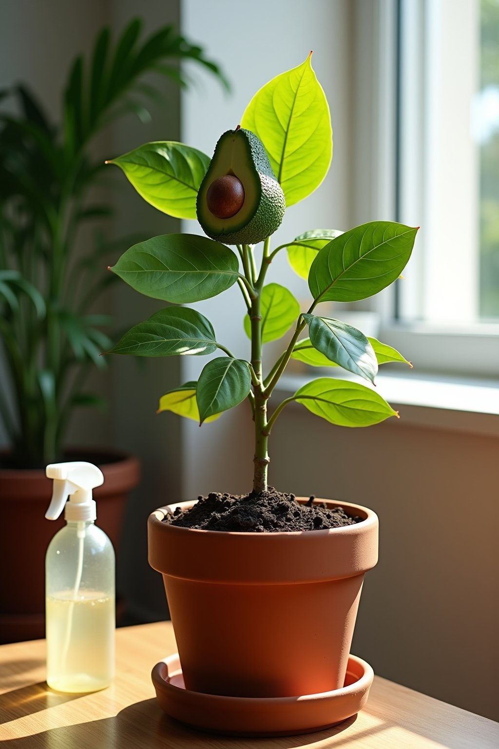 Close-up photograph of a young avocado tree planted in a terracotta pot with the top half of the pit visible above rich dark soil, glossy green leaves spreading outward, bright indirect light from ...