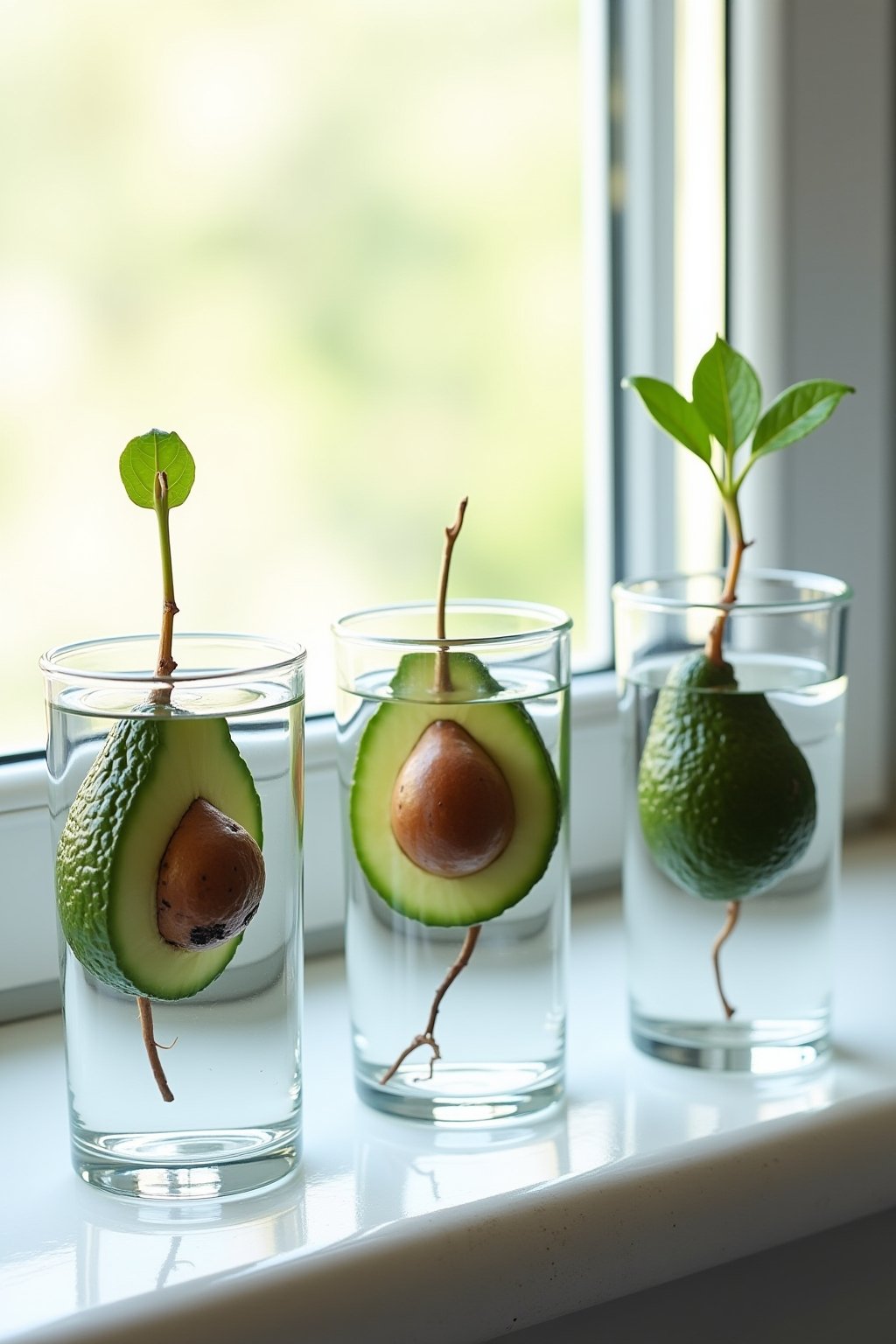Three avocado pits at different stages of sprouting suspended in clear glasses of water on a bright windowsill: one with just a crack starting, one with a root emerging, one with a full root and st...