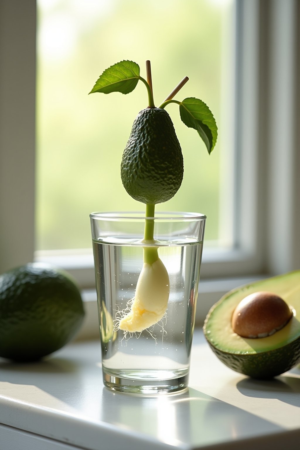 An avocado pit suspended over a glass of water with toothpicks, showing a healthy white root growing downward into the water and a green stem with leaves growing upward from the top, the glass sits...