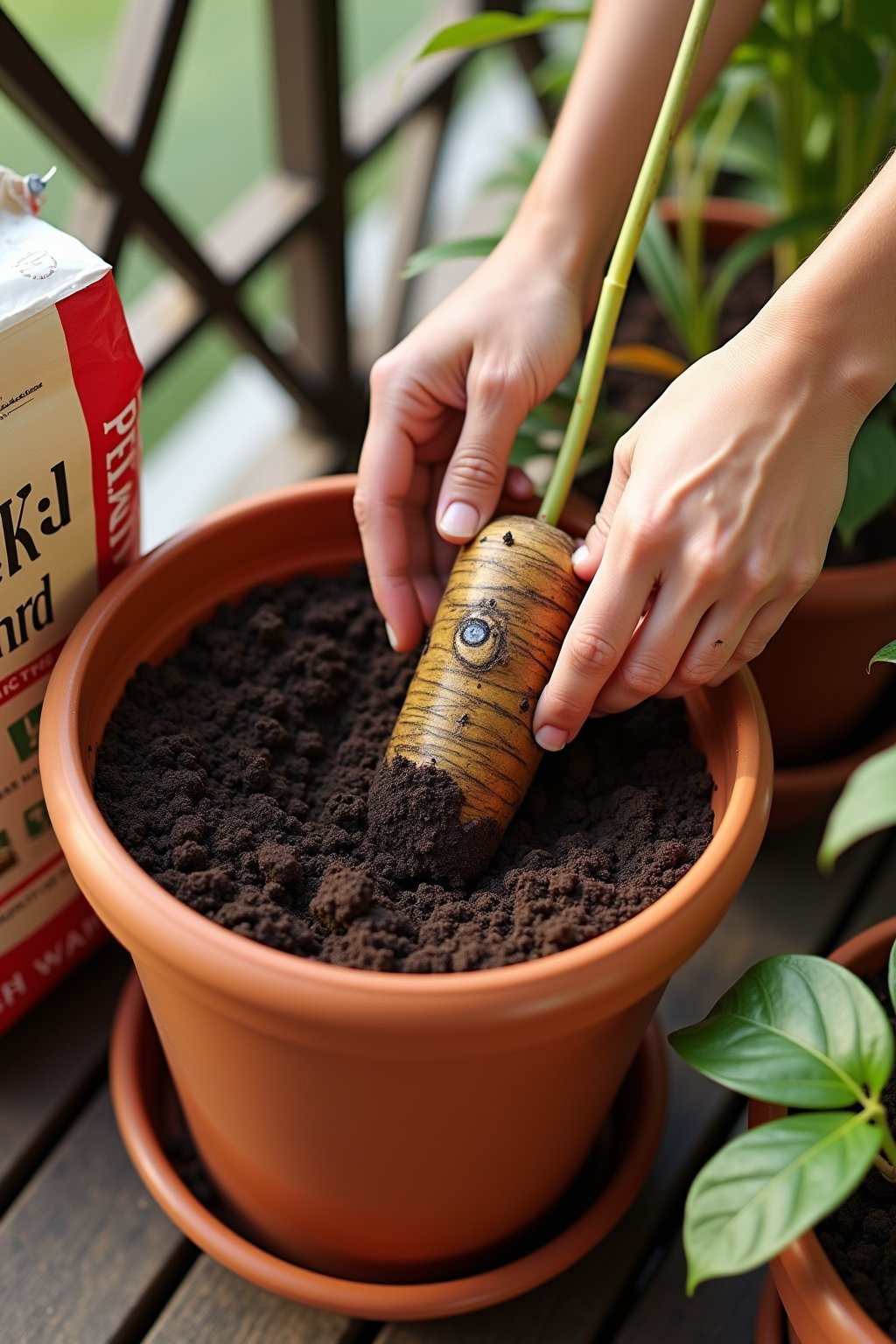 Close-up hands planting a dahlia tuber in a large pot filled with dark potting mix and compost blend, the tuber being placed horizontally with a visible eye pointing upward, a bag of potting mix an...