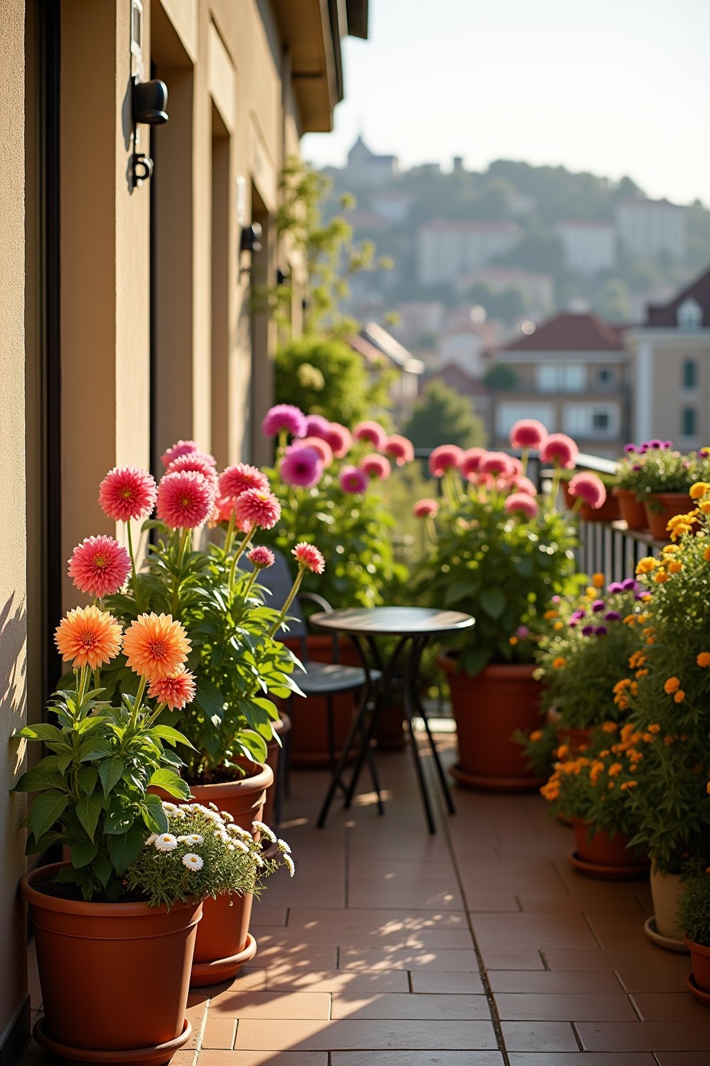 A sunny apartment balcony transformed into a dahlia garden with four large pots of blooming compact dahlias in different colors including coral gallery art deco and purple happy single romeo, sweet...