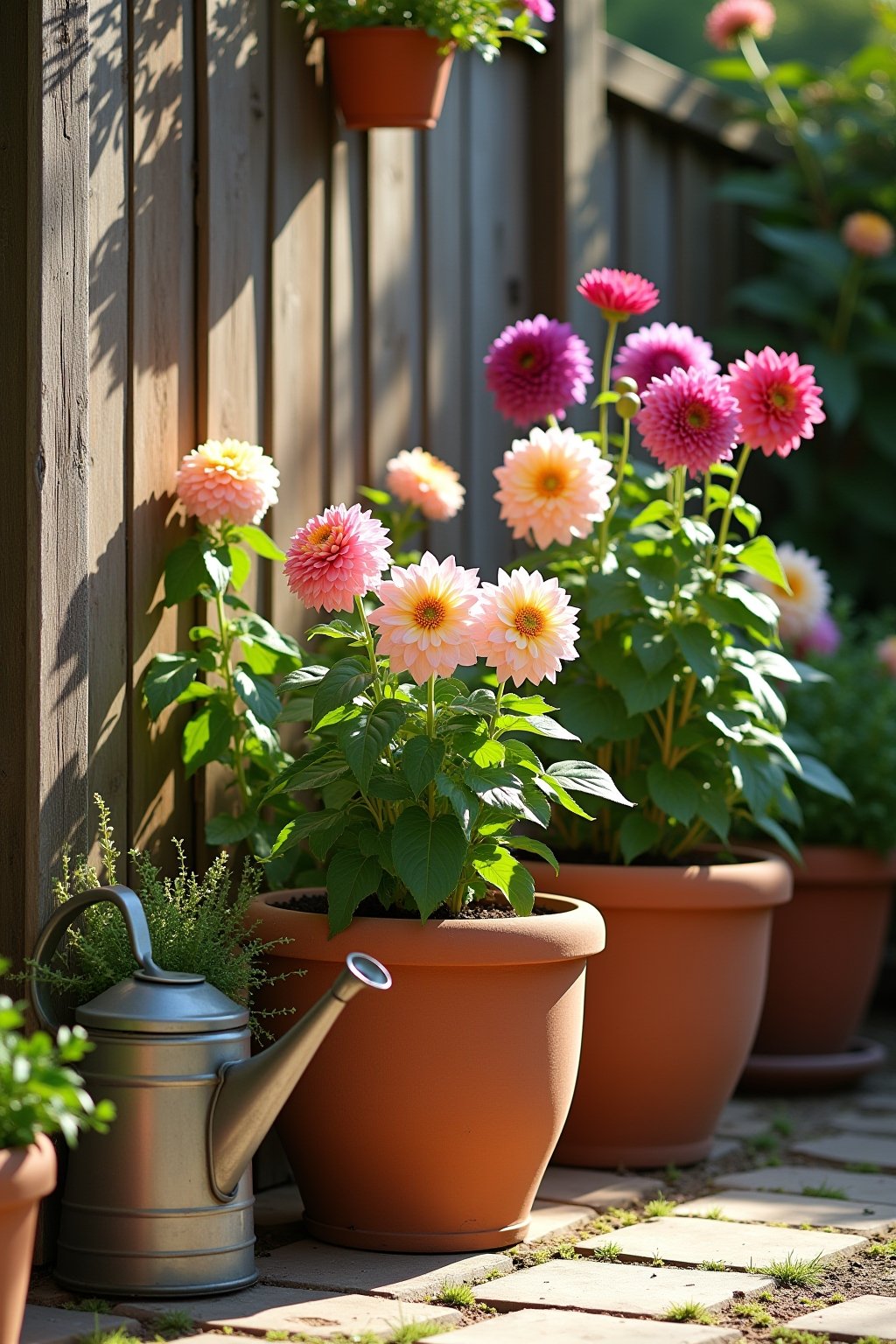 Beautiful dahlia plants blooming in large terracotta and ceramic pots on a sunny patio, multiple varieties showing pink, coral, purple, and yellow flowers, a rustic wooden fence in the background, ...