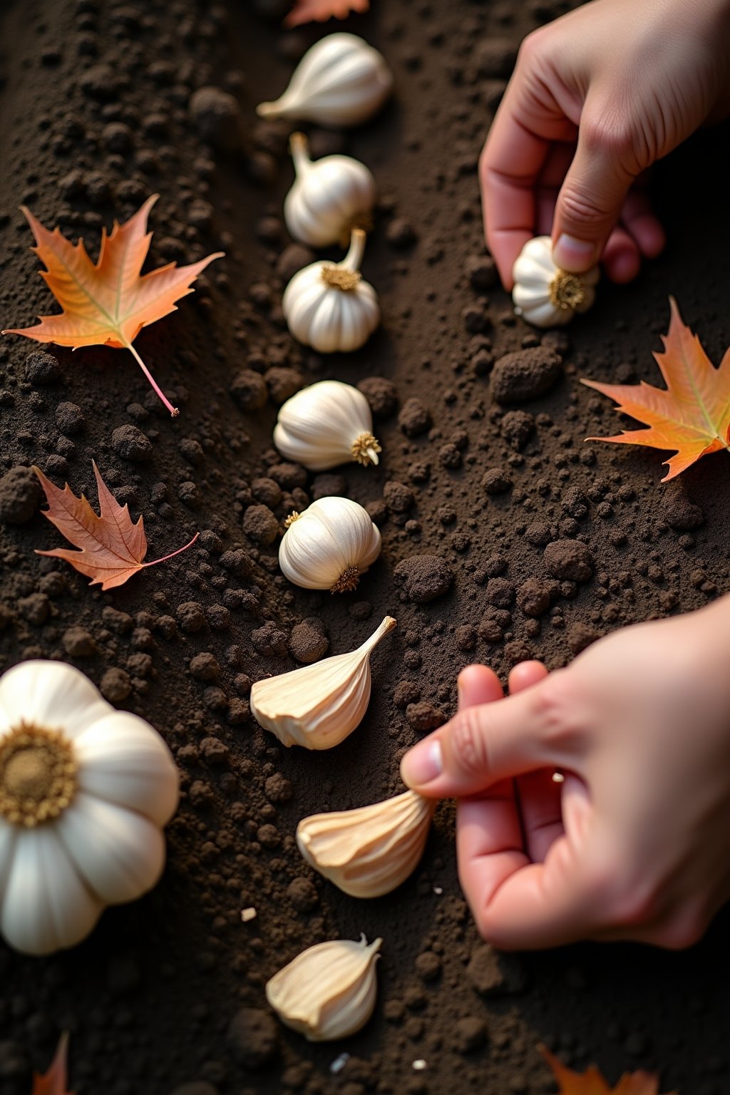 Close-up overhead photograph of garlic cloves being planted in fall: individual cloves with papery skin placed pointed end up in dark soil, evenly spaced in a row, a hand pressing a clove 2 inches ...