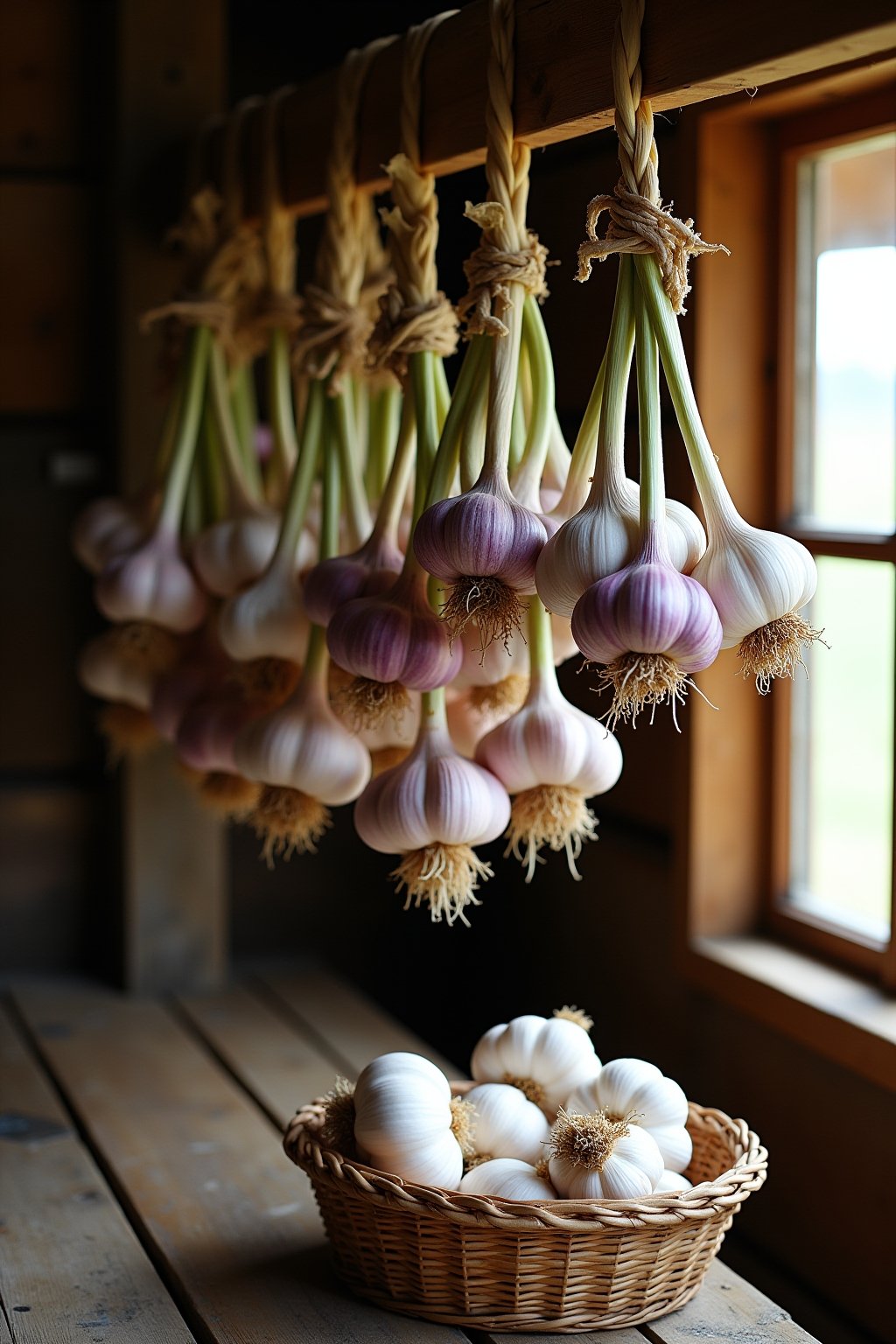Bundles of cured garlic bulbs hanging from a rustic wooden beam in a barn or shed, papery white and purple skins visible, stems braided together, a basket of garlic scapes on a wooden table below, ...