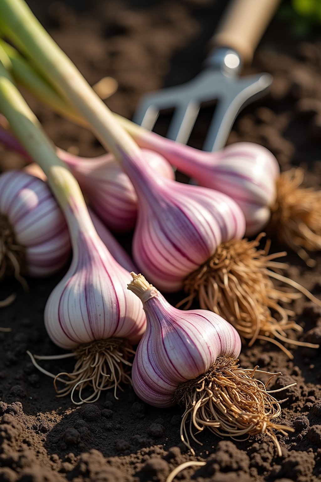 A beautiful harvest scene of freshly dug garlic bulbs with roots and stems still attached, laid out on dark garden soil, purple-striped hardneck garlic bulbs glistening in warm afternoon light, a g...