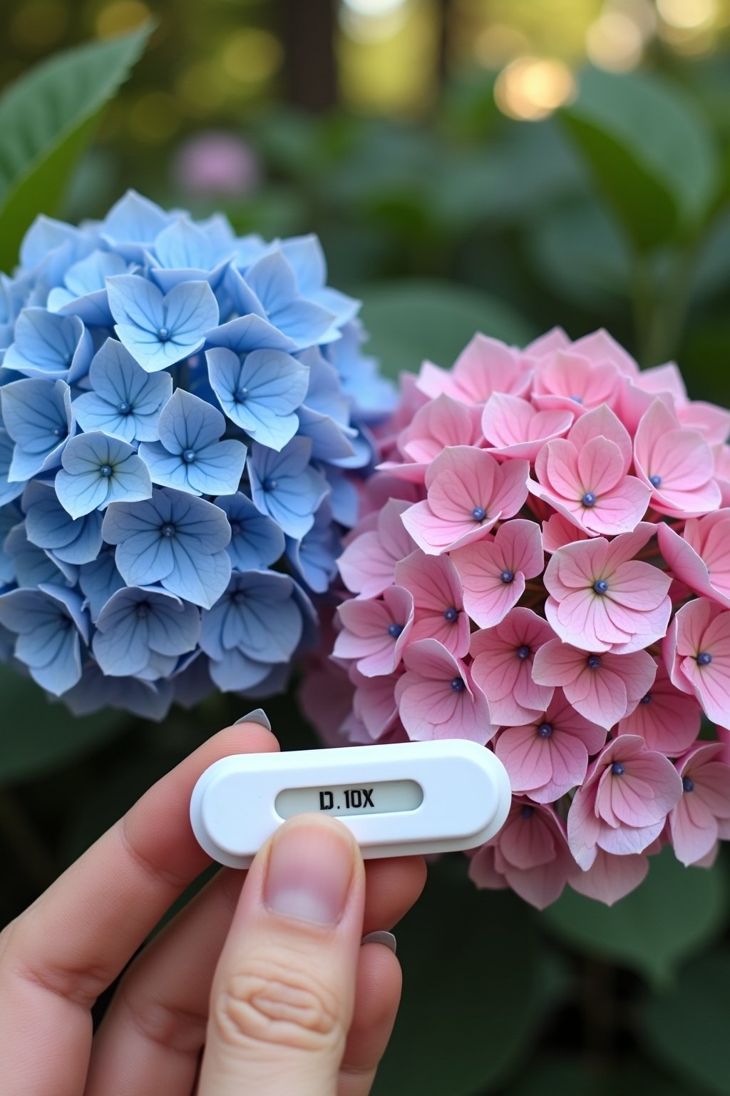 Close-up photograph of a hydrangea color comparison: a blue mophead bloom on the left and a pink mophead bloom on the right, both in perfect condition, rich saturated colors, a hand holding a soil ...