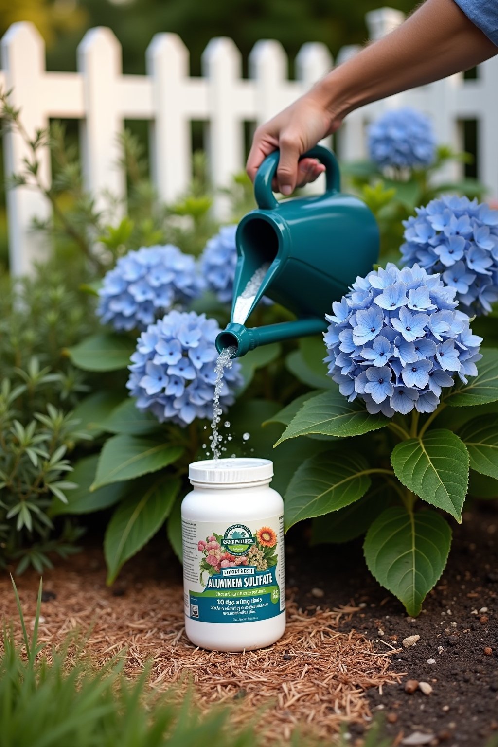 A gardener applying aluminum sulfate solution from a watering can to the soil around a hydrangea bush with blue flowers, the blue blooms prominent and vivid, pine needle mulch on the soil surface, ...