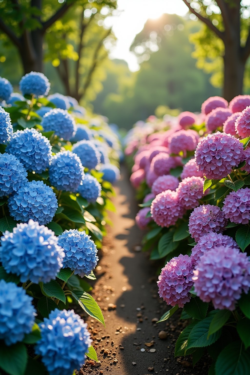 A stunning hydrangea garden with bushes showing different colored blooms: vivid blue mophead hydrangeas on one side, bright pink on the other, and purple in between, all in full bloom, large flower...