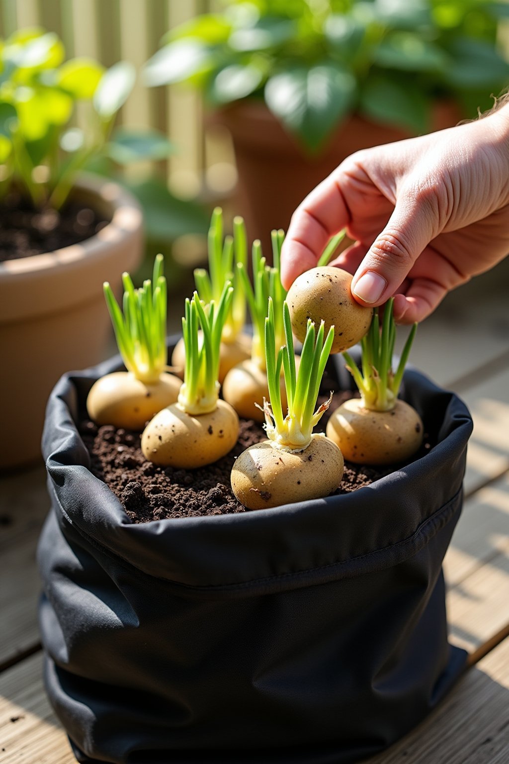 Close-up photograph of seed potatoes with chitted sprouts being placed into a black fabric grow bag partially filled with dark potting mix, green sprouts pointing up, a hand positioning a seed pota...
