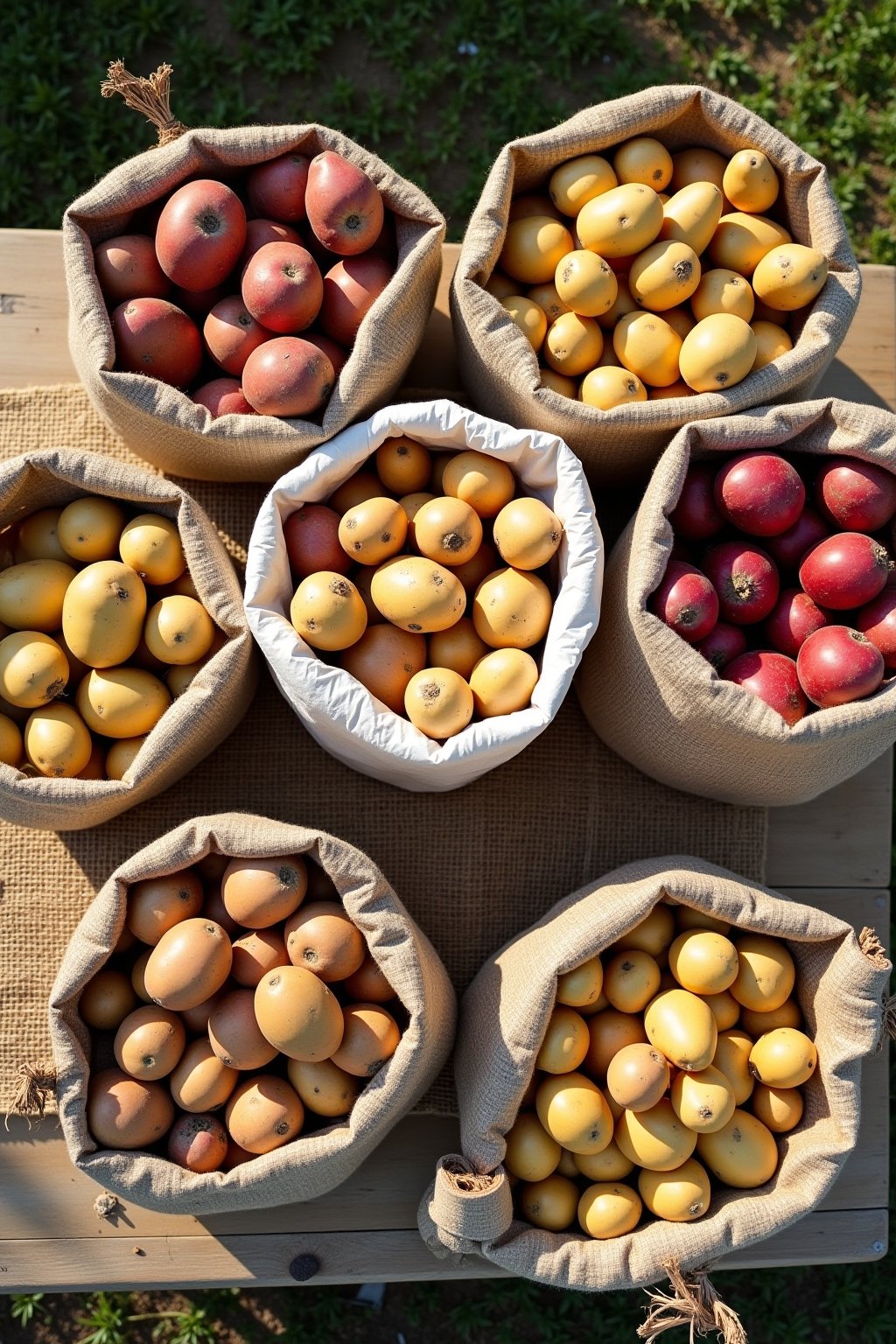Overhead photograph of a potato harvest from grow bags: several bags of freshly harvested potatoes of different varieties (golden, red, fingerling) spread on a burlap cloth, soil still clinging to ...