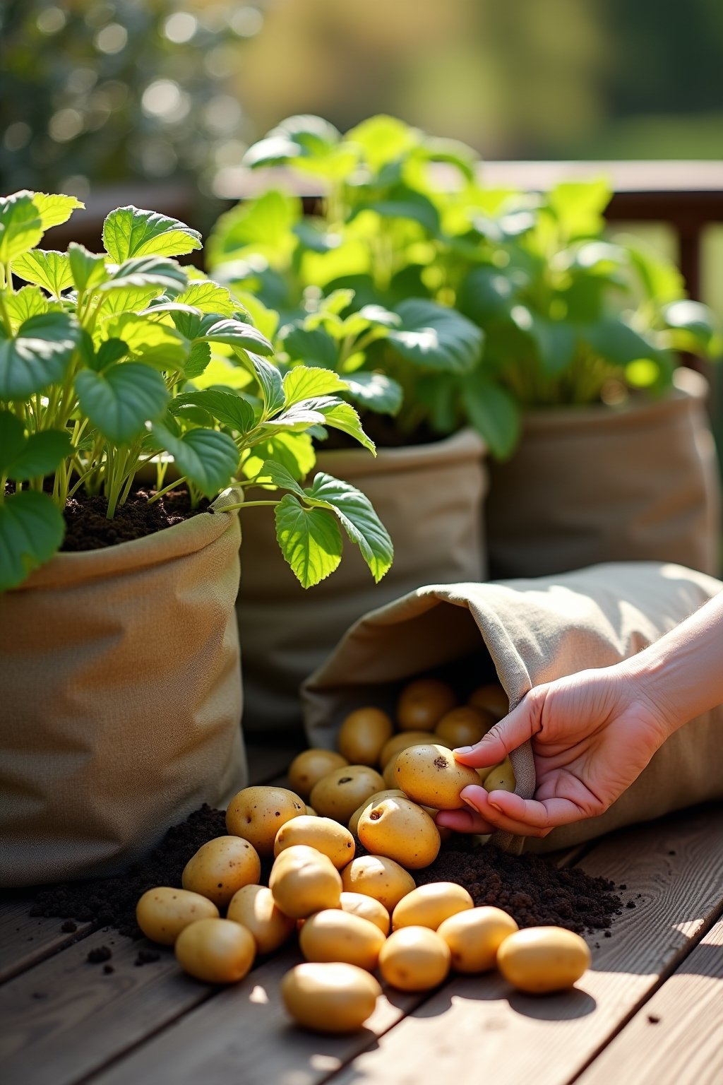 A sunny patio with fabric grow bags growing healthy potato plants with lush green foliage, one bag tipped over showing fresh potatoes spilling out onto a wooden deck, rich dark soil visible, a hand...